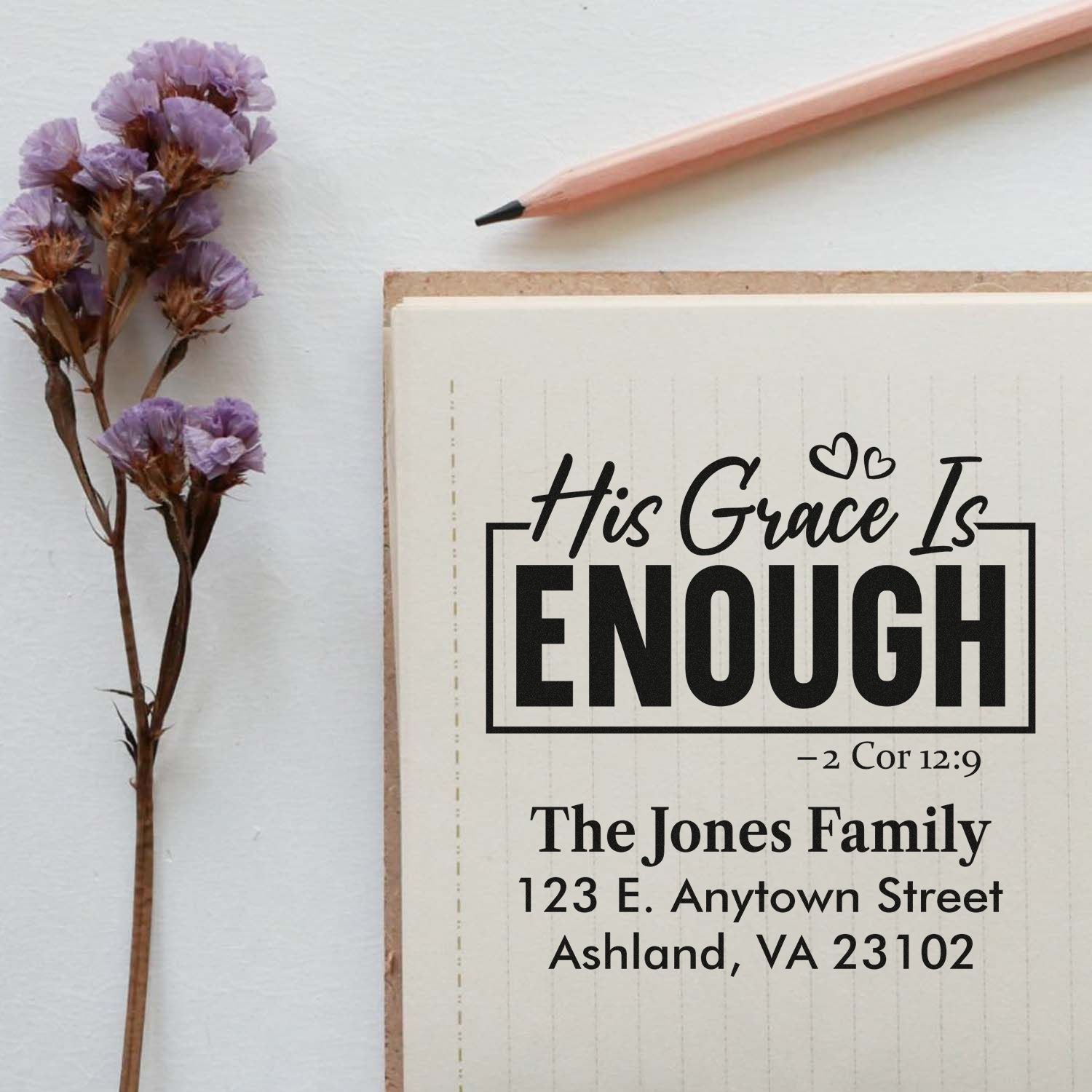Personalized Christian return address rubber stamp with His Grace Is Enough Bible verse for envelope mailing.