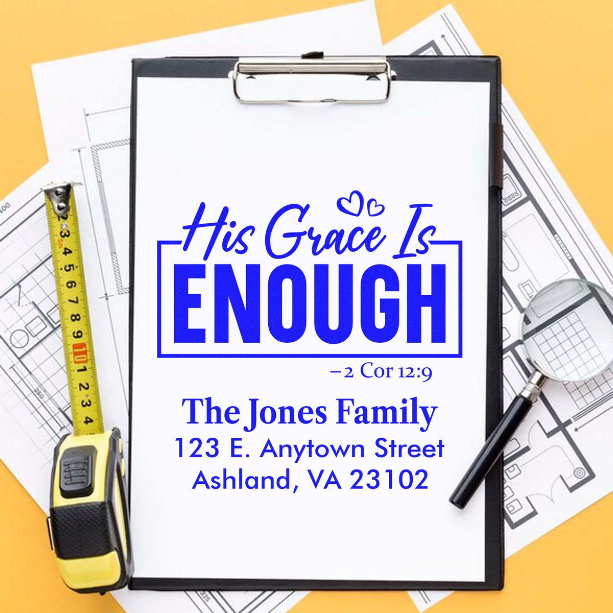 Personalized rubber stamp design with Bible verse His Grace Is Enough and return address for a faith-based family stamp.