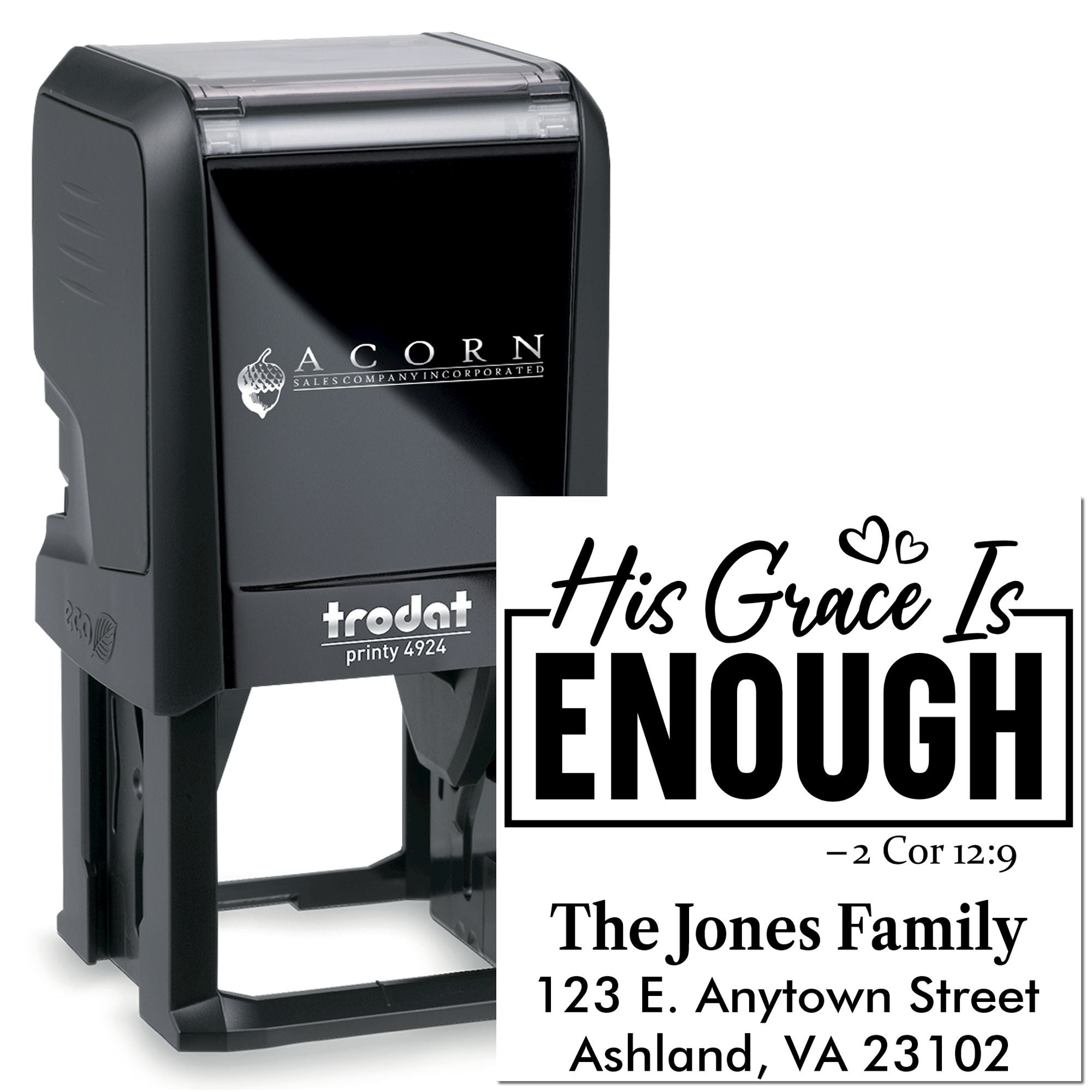 Custom self-inking rubber stamp with Bible verse, His Grace Is Enough, and personalized family address.
