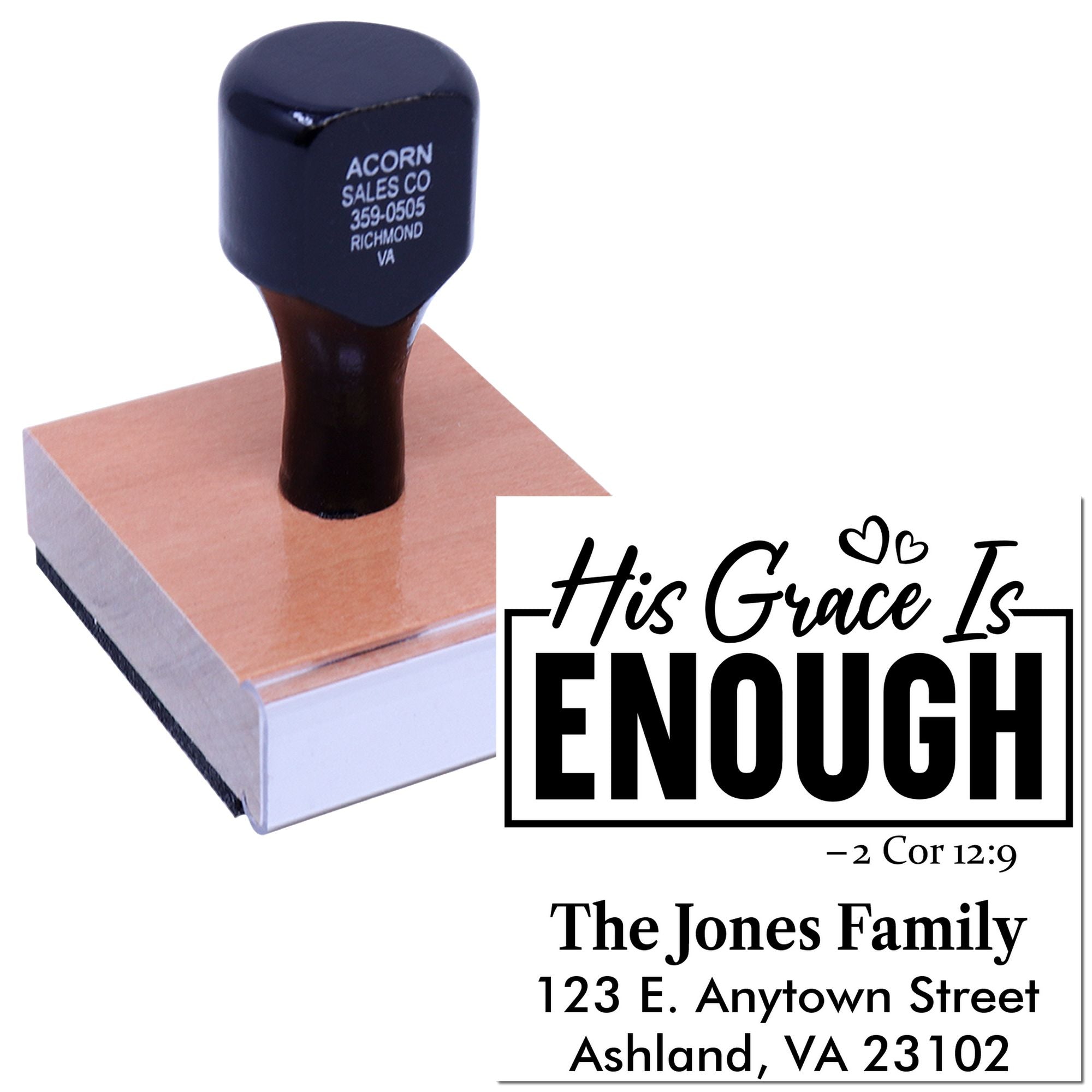Custom rubber address stamp with His Grace Is Enough Christian design and Jones family return address.