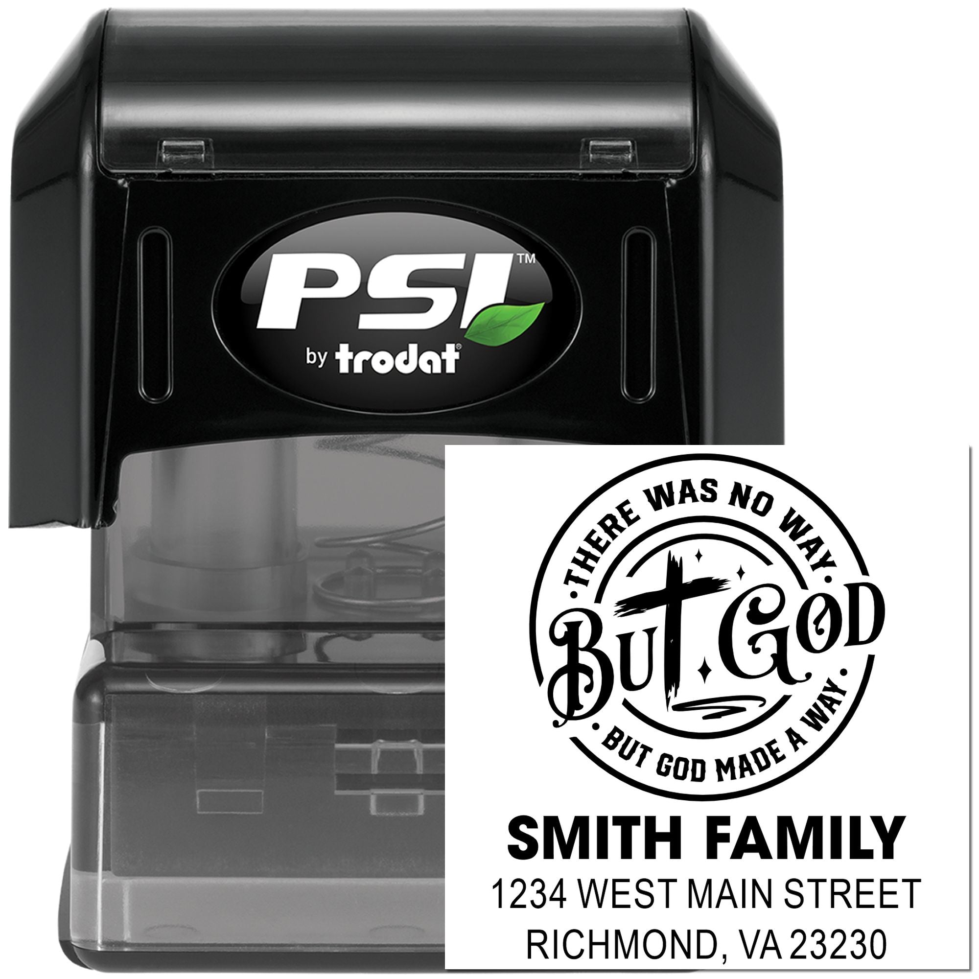 Personalized self-inking rubber stamp by PSI Trodat with Christian But God family return address design.