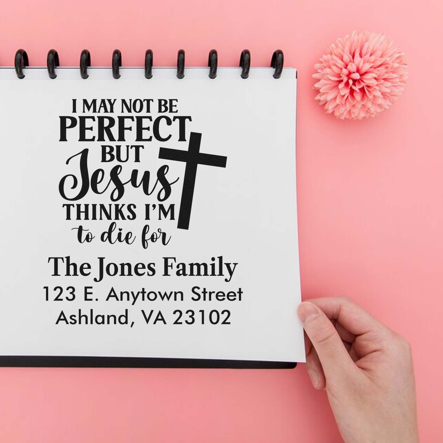 Custom Christian return address rubber stamp with Jesus quote, family name, and mailing address.