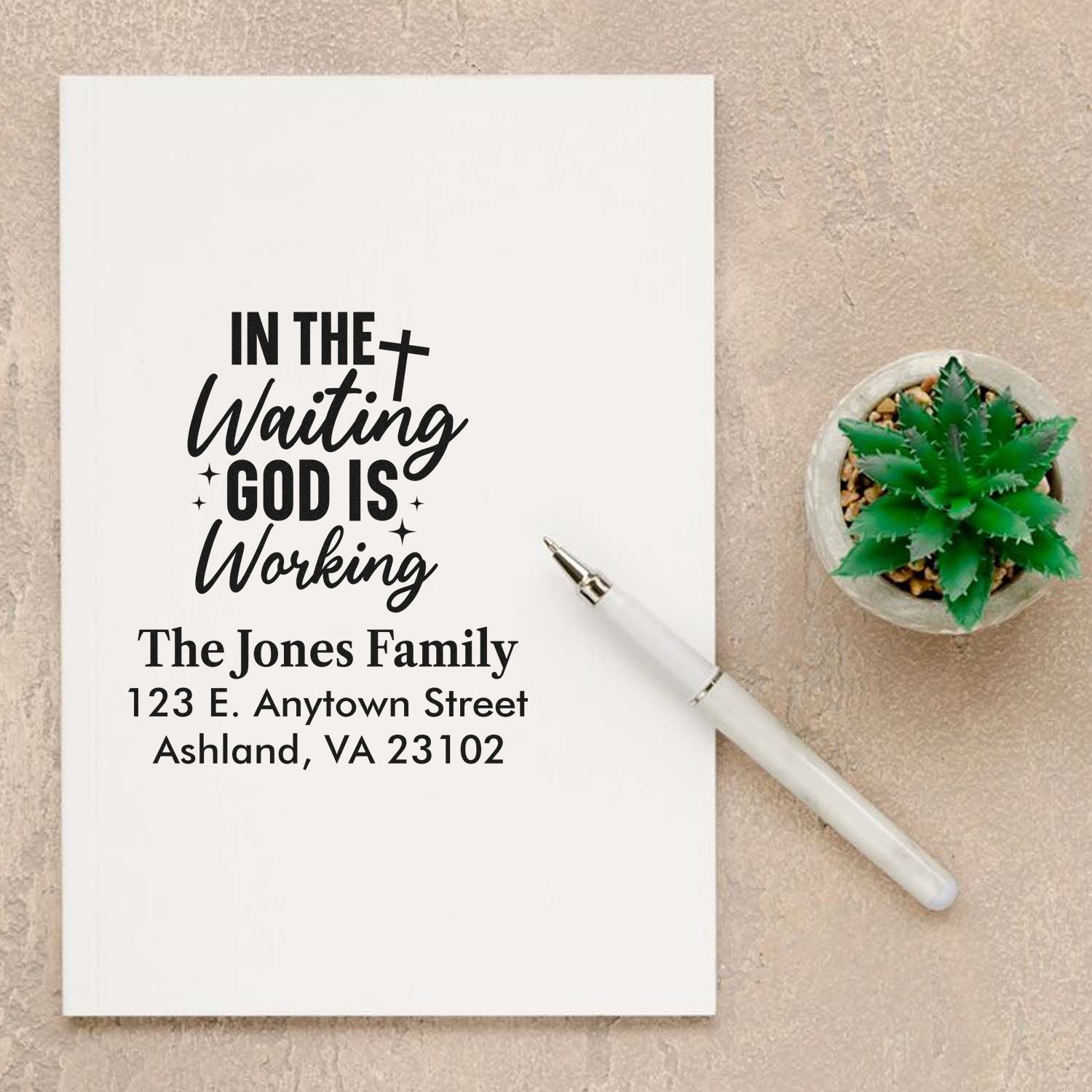 Personalized Christian rubber stamp with In the Waiting God Is Working quote and custom family return address.