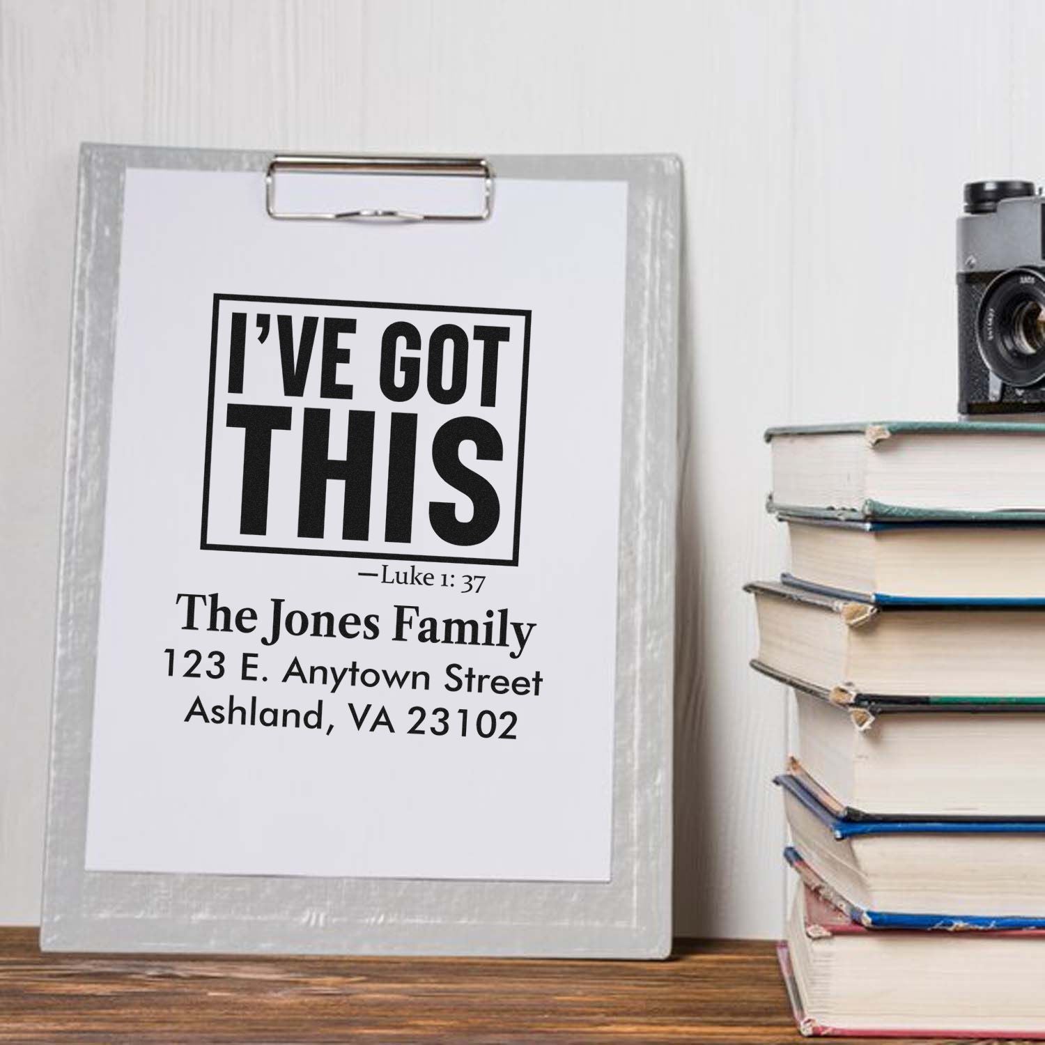 Personalized rubber stamp mockup with Ive Got This, Luke 1:37, and family return address for faith-based mailings.