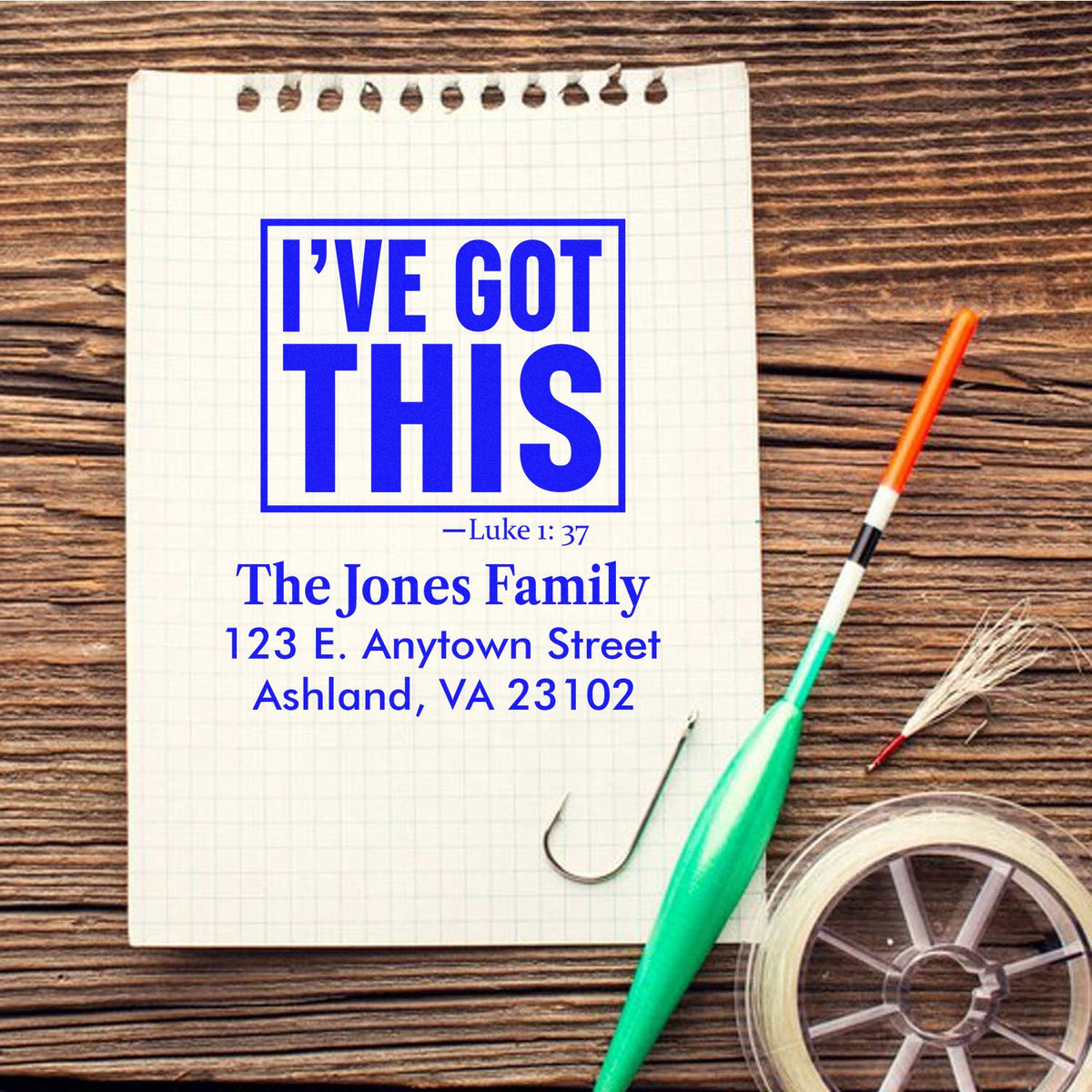 Custom rubber stamp design with Ive Got This Bible verse, family name, and address for personalized return address stamping.