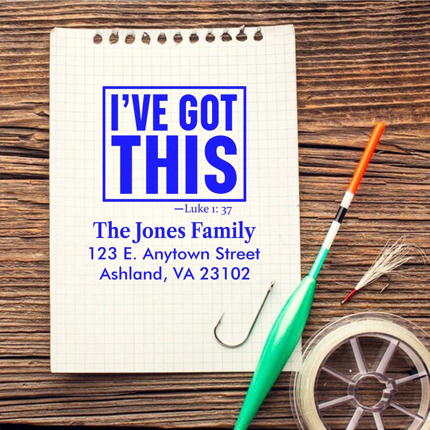 Custom return address rubber stamp with Ive Got This Bible verse and family name for personalized Christian stationery.