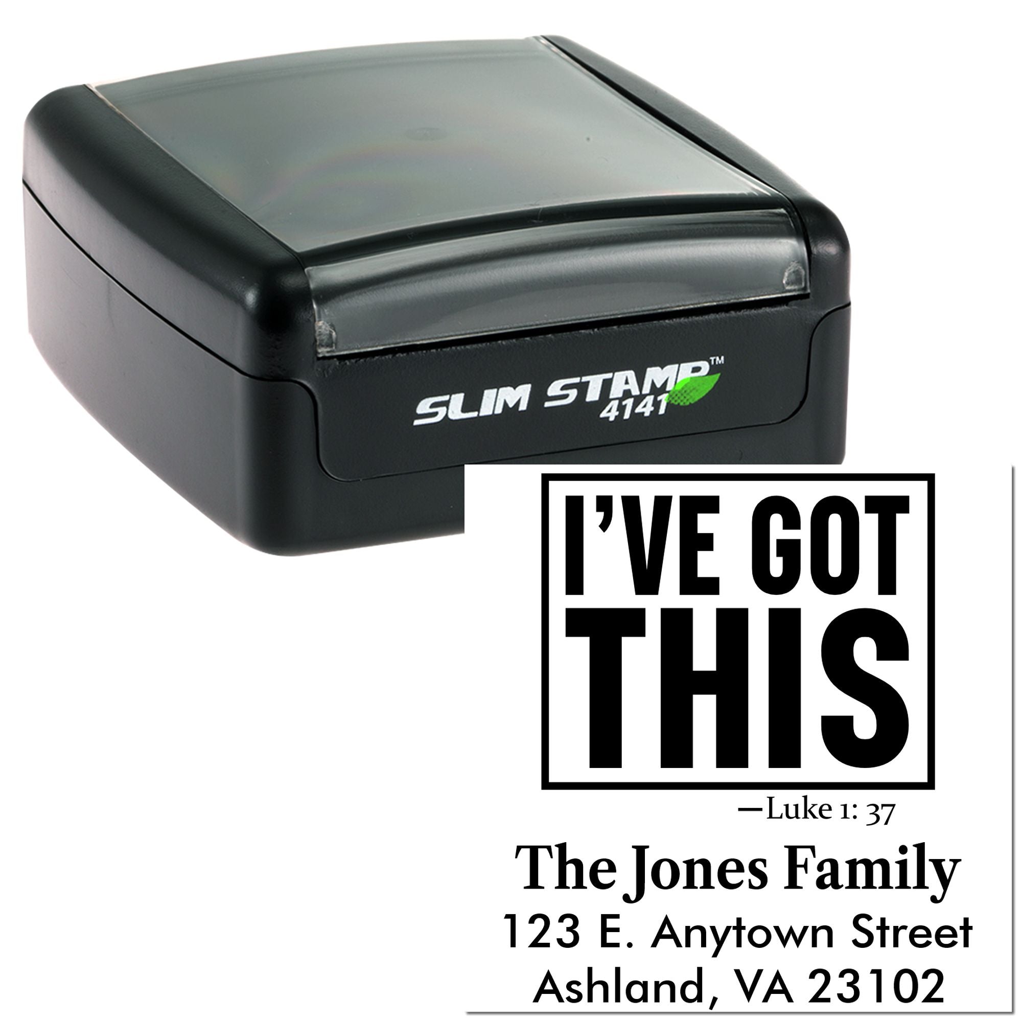 Custom self-inking rubber stamp with Ive Got This Bible verse and The Jones Family address imprint.