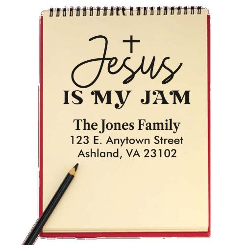 Christian return address rubber stamp reading Jesus Is My Jam with The Jones Family name and address.