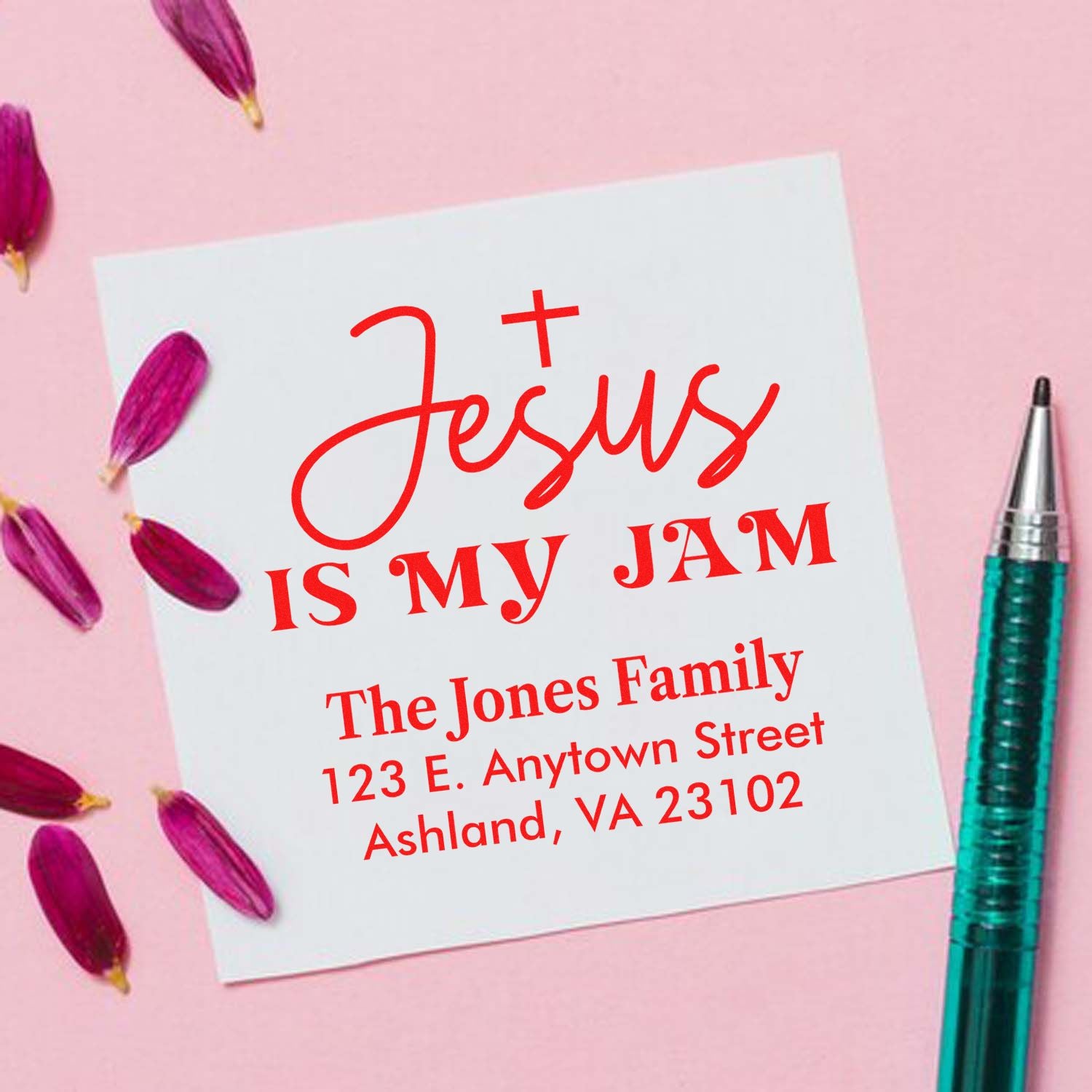 Personalized Christian return address rubber stamp with Jesus Is My Jam and family mailing address.