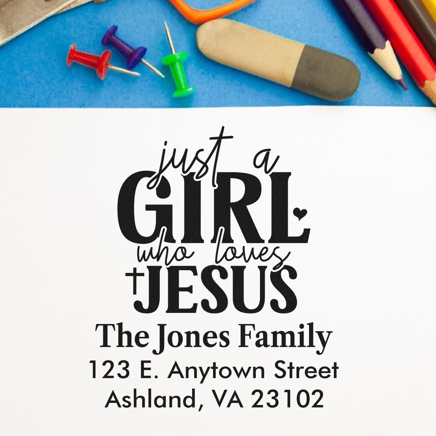 Custom Christian address rubber stamp for a girl who loves Jesus, featuring family name and return address for envelopes.