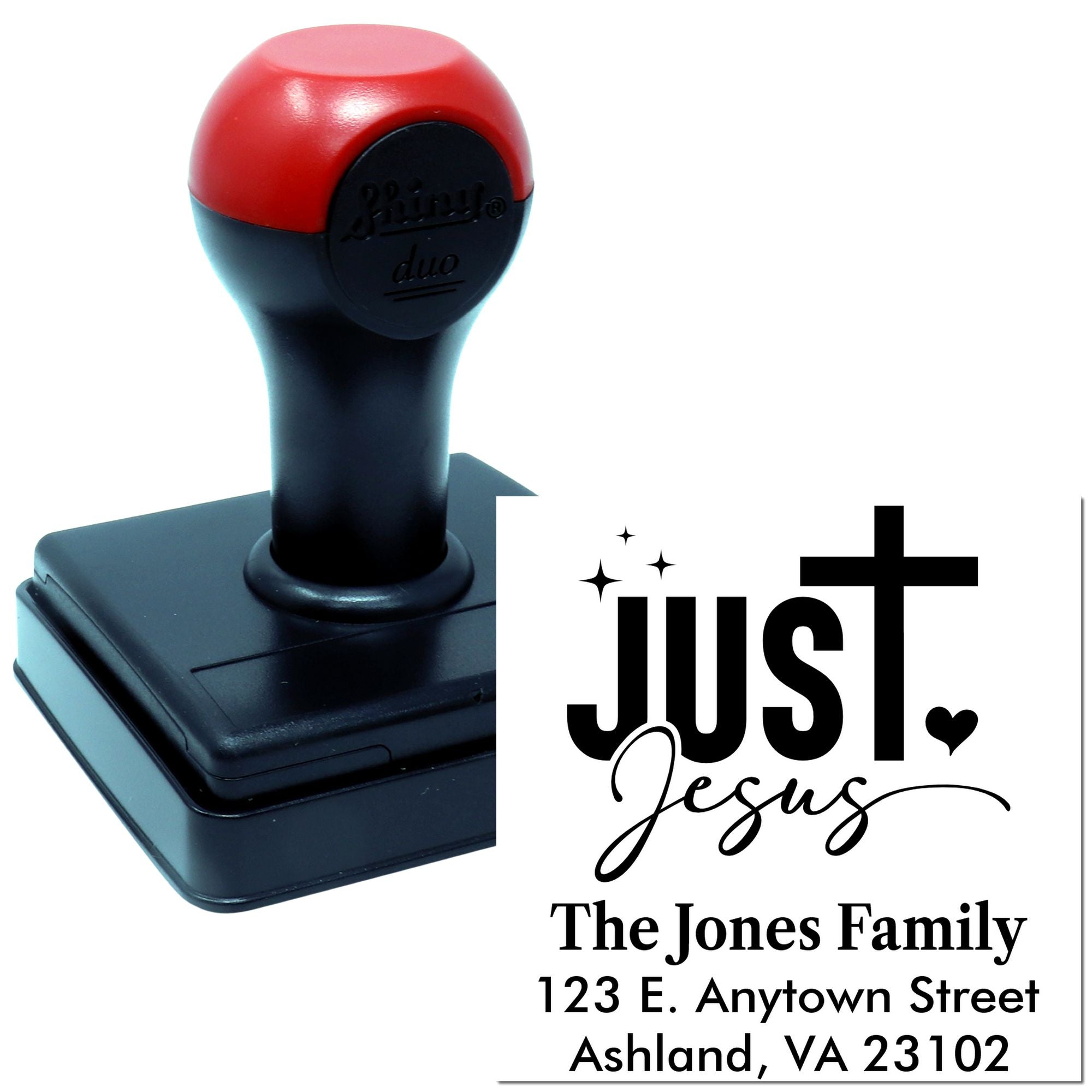 Custom self-inking rubber stamp with Just Jesus return address imprint for the Jones Family.