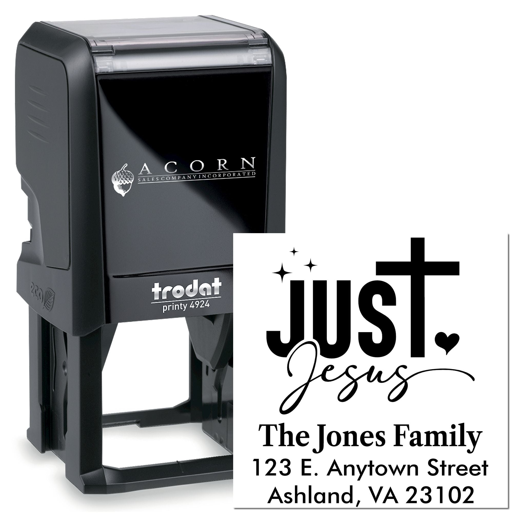 Custom self-inking rubber stamp with Christian Just Jesus return address design, Trodat Printy 4924 for family mail.