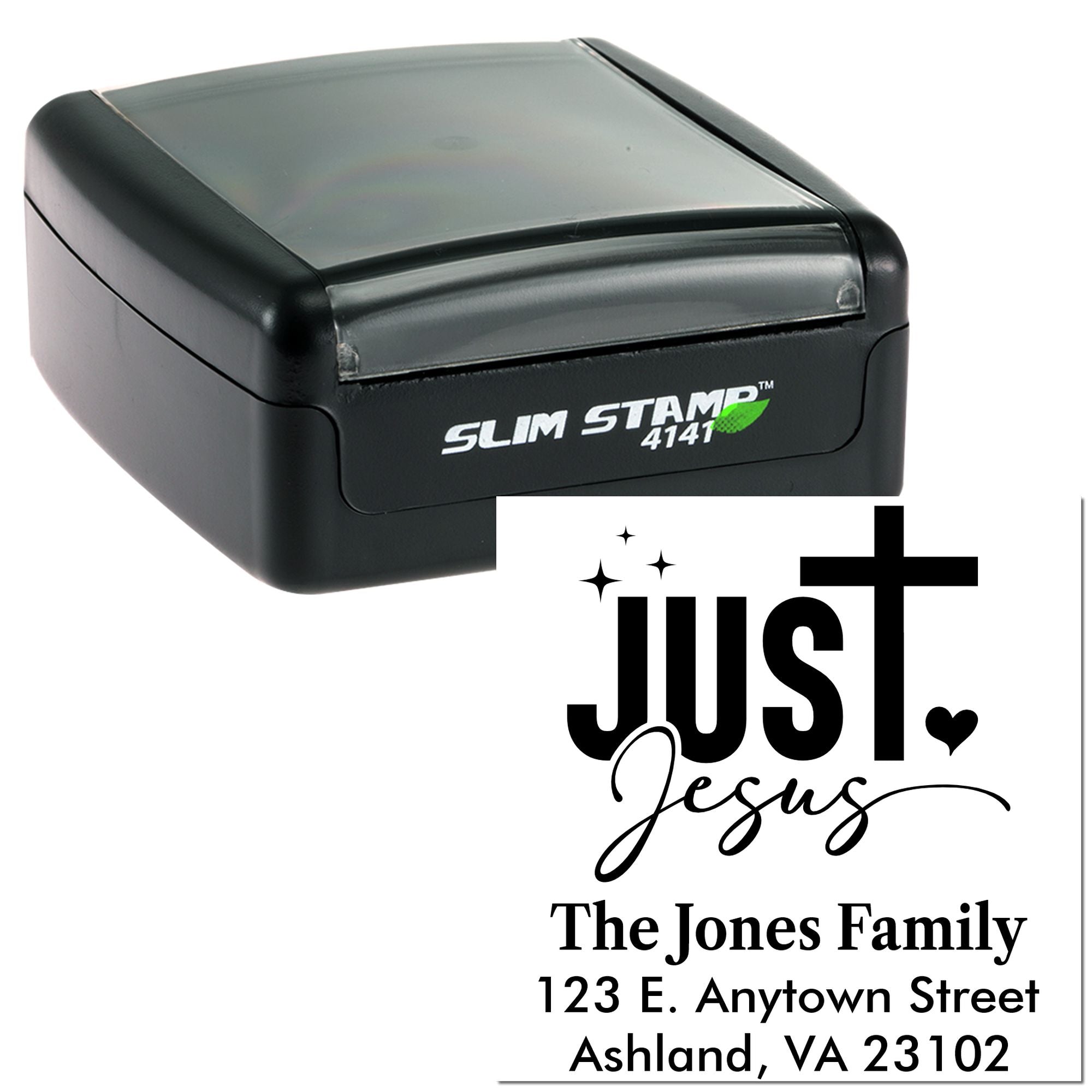 Custom self-inking rubber stamp with Just Jesus family address design, Slim Stamp 4141 for church or home mailing