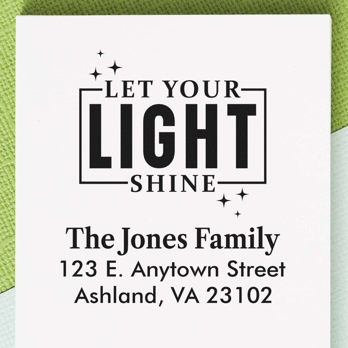 Personalized rubber stamp design with Let Your Light Shine and custom return address for The Jones Family in Ashland, VA.