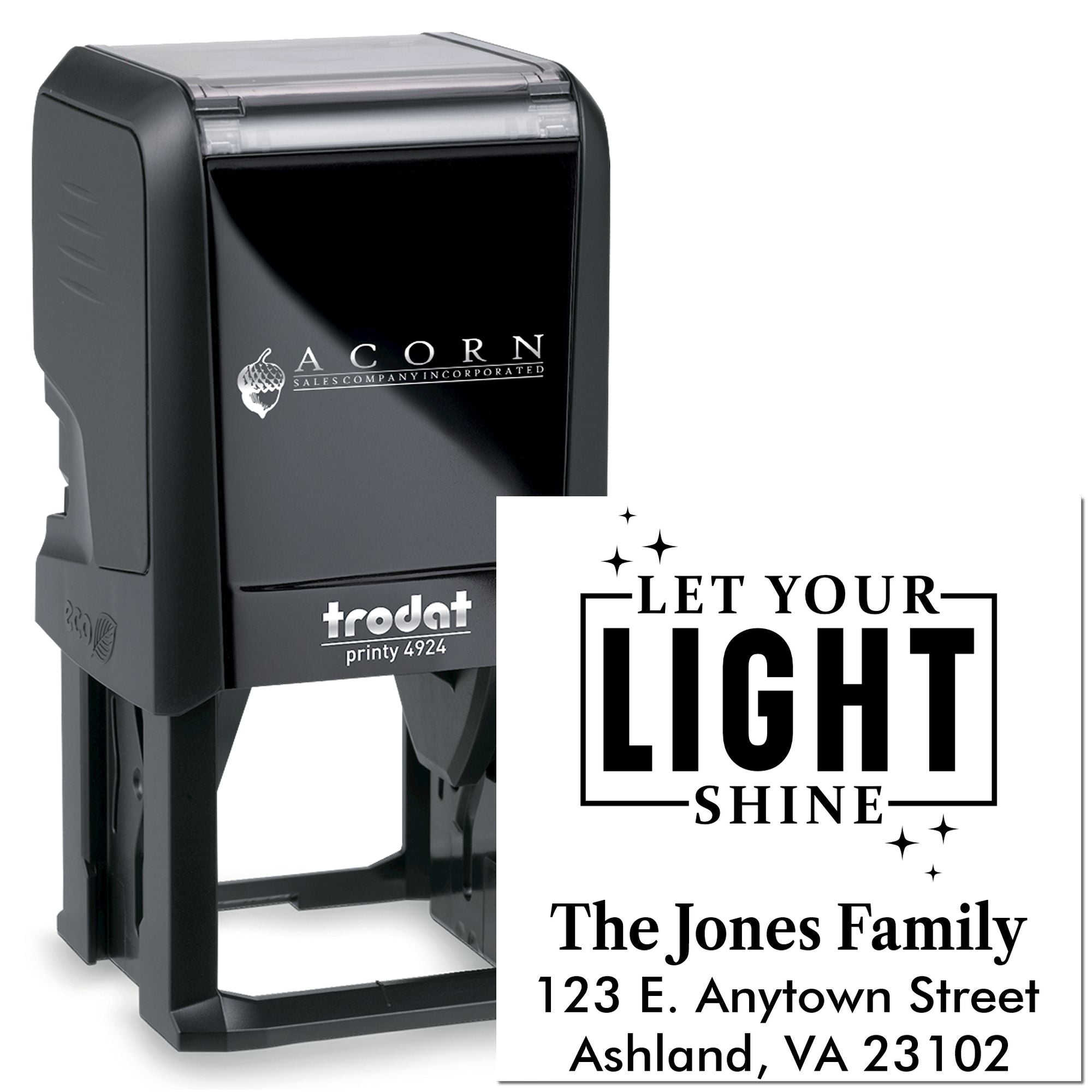 Custom self-inking return address rubber stamp with Let Your Light Shine family name design