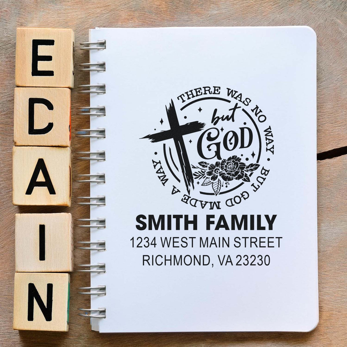 Custom Christian rubber stamp with cross and floral design, featuring Smith family address for personalized mailing and faith-based crafts.