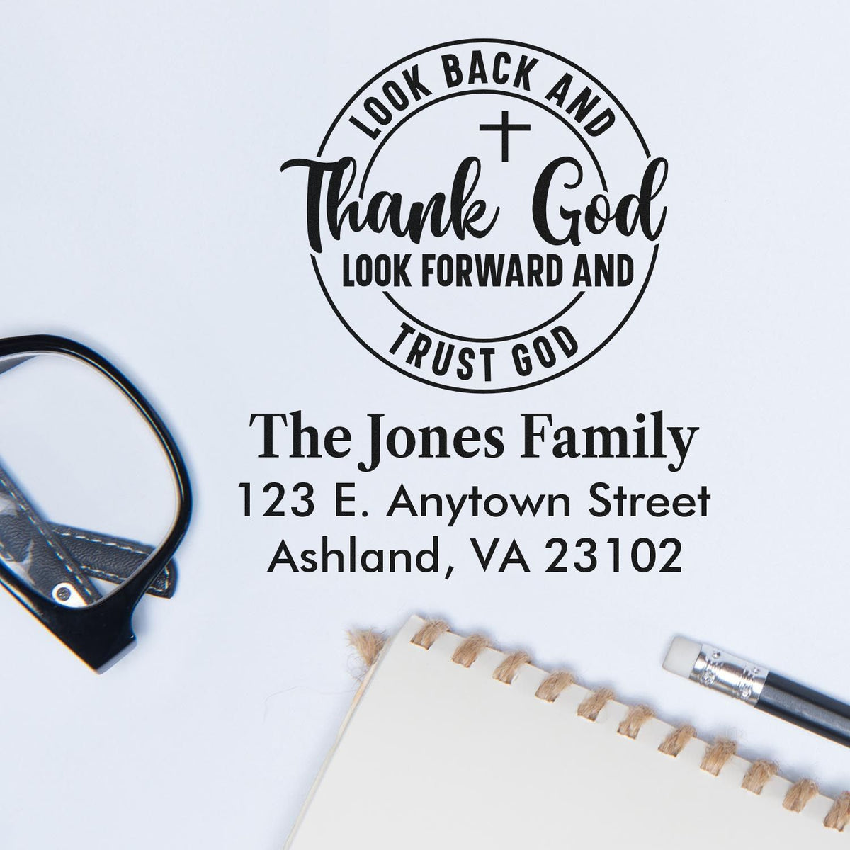Custom family return address rubber stamp with Christian quote, name, and address for personalized mailing.