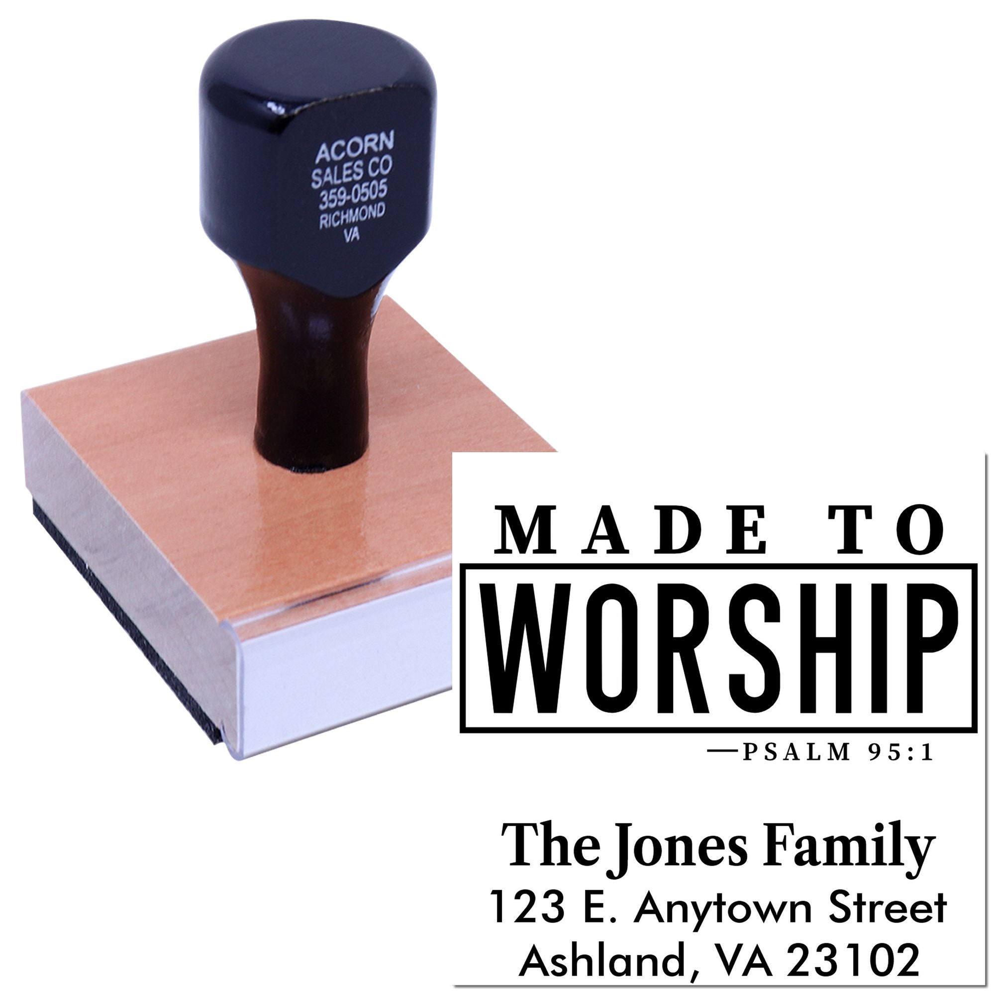 Custom rubber stamp with Made to Worship Psalm 95:1 and family address design for church stationery.
