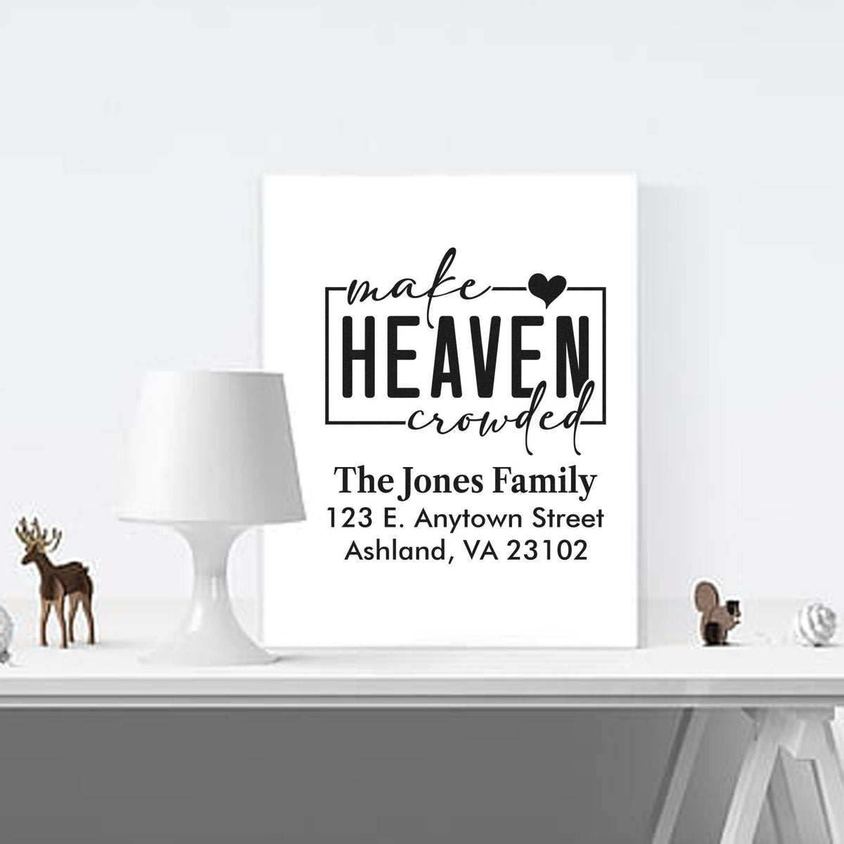 Personalized address rubber stamp with Make Heaven Crowded quote for Christian family memorial stationery.