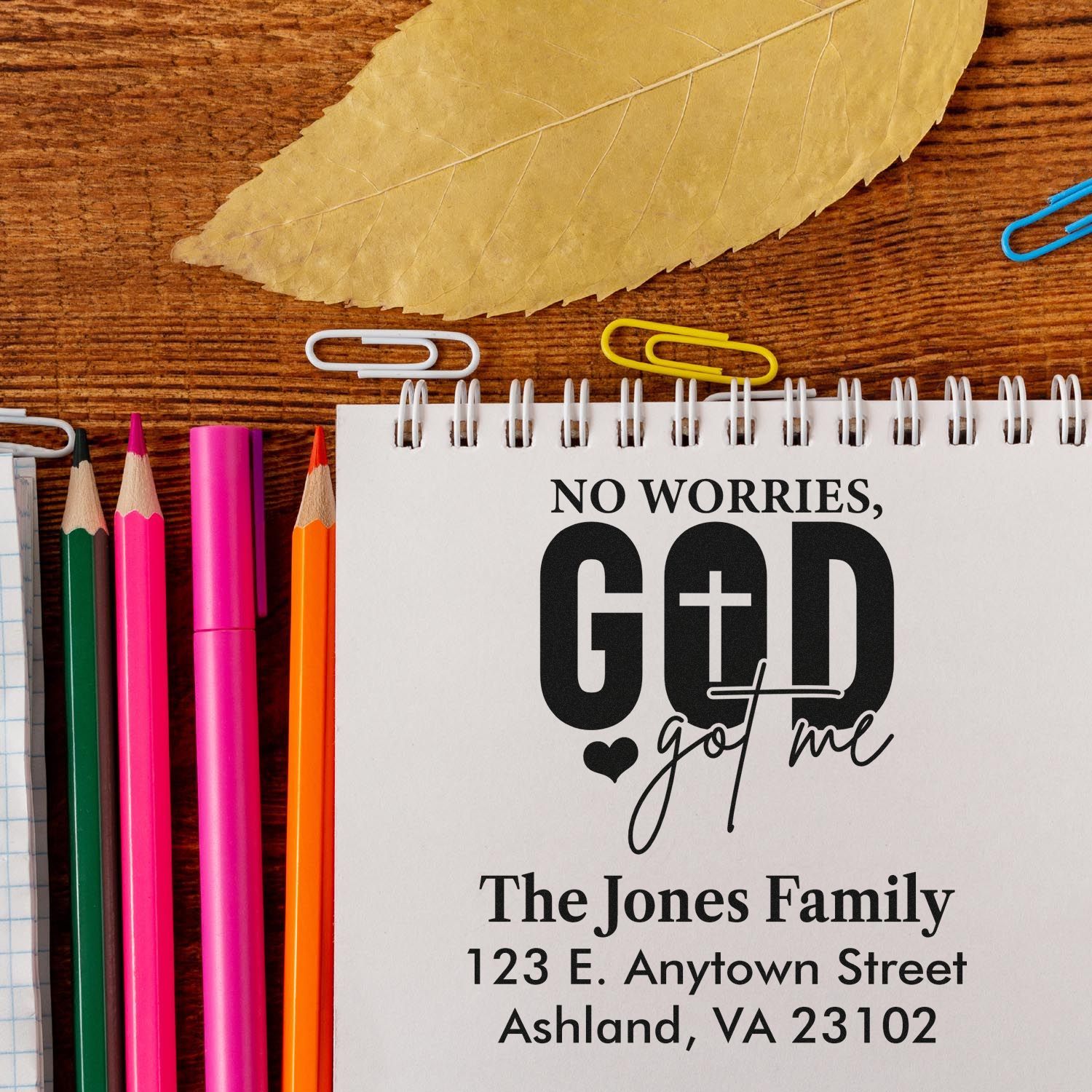 Custom Christian address rubber stamp with No worries, God got me for The Jones Family, featuring personalized return address design.