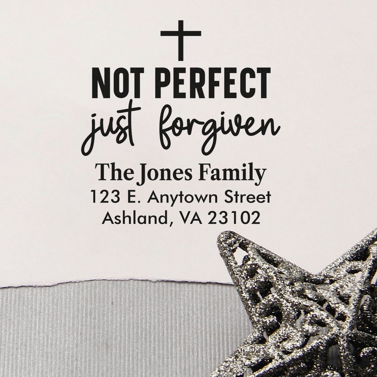 Personalized Christian return address rubber stamp with cross and Not Perfect Just Forgiven family address design.