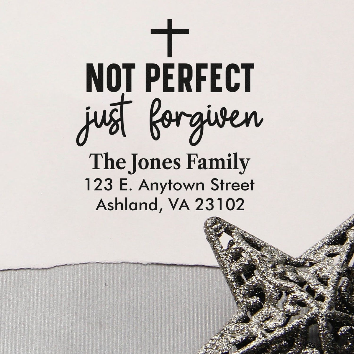 Custom Christian return address rubber stamp with cross and Not Perfect, Just Forgiven for The Jones Family.