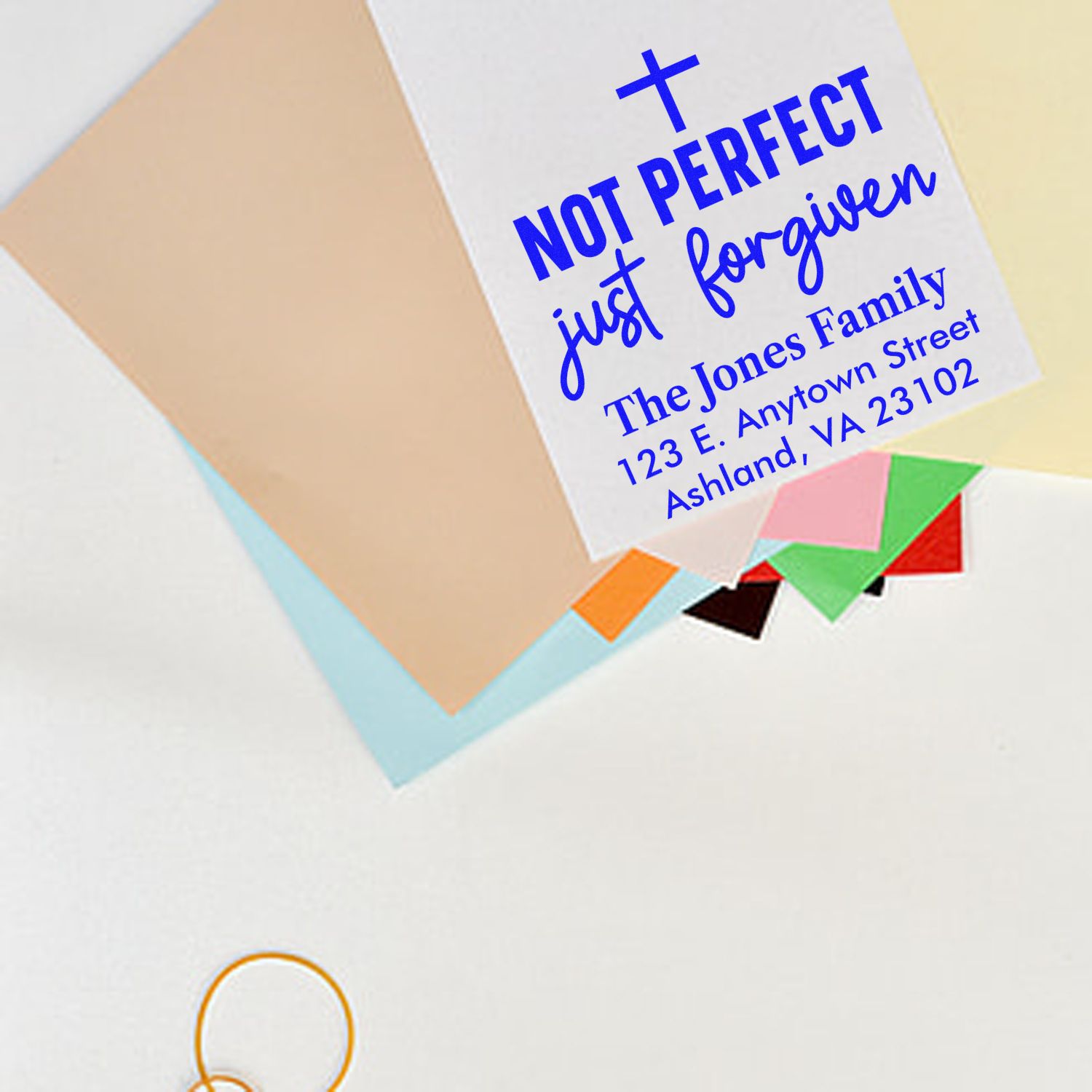 Custom Christian return address rubber stamp with Not Perfect Just Forgiven for family envelopes and cards.