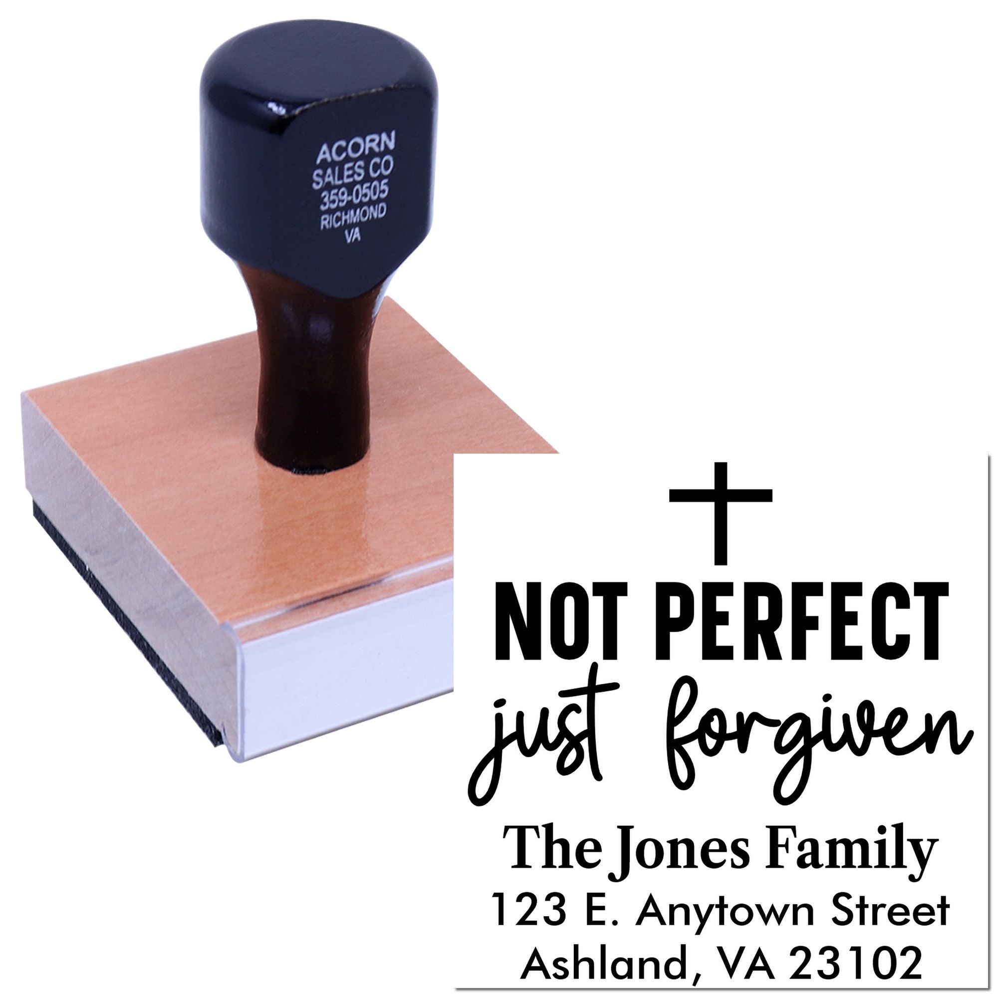 Custom Christian rubber stamp with Not Perfect, Just Forgiven and family return address for envelopes and church mailings.