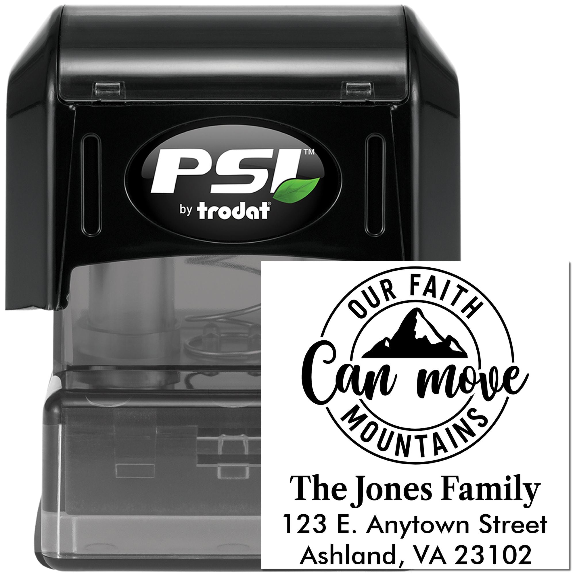 Custom self-inking rubber stamp by PSI by Trodat with faith design and return address imprint for The Jones Family.