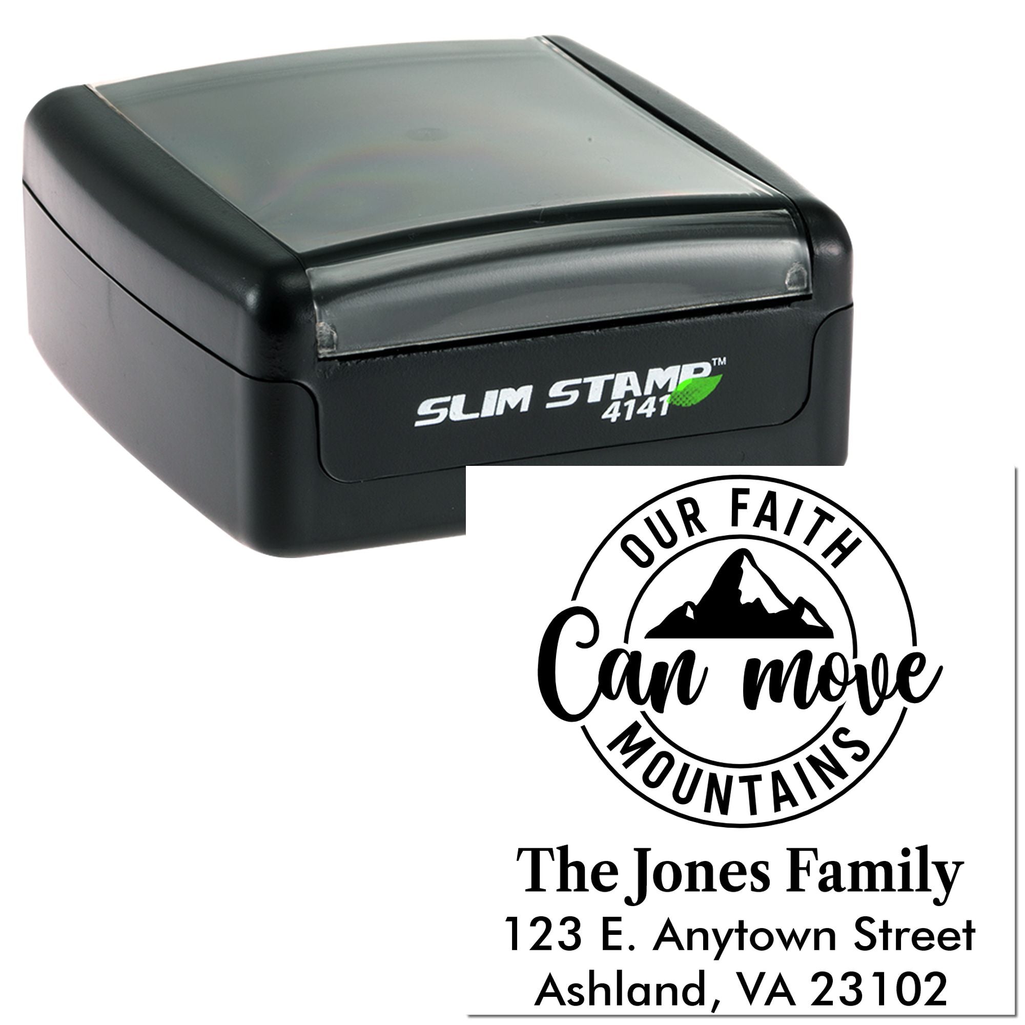 Custom self-inking rubber stamp with faith-themed family return address design, shown with Slim Stamp 4141 case.