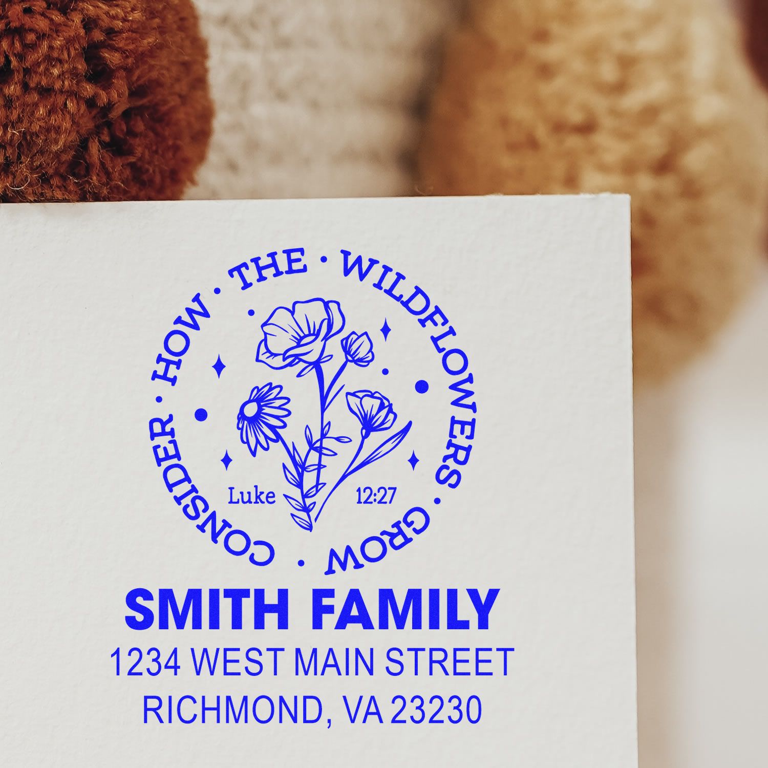 Custom rubber stamp for family address with wildflower floral scripture design, Smith Family, 1234 West Main Street, Richmond, VA.