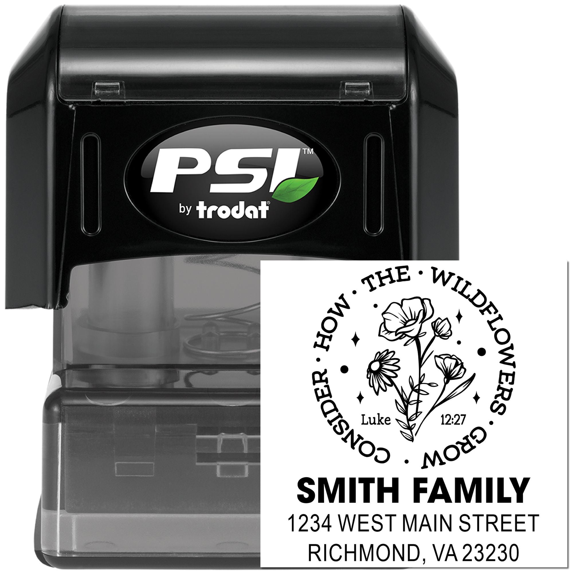 Custom self-inking rubber return address stamp with floral family design, Bible verse, and Smith Family address.