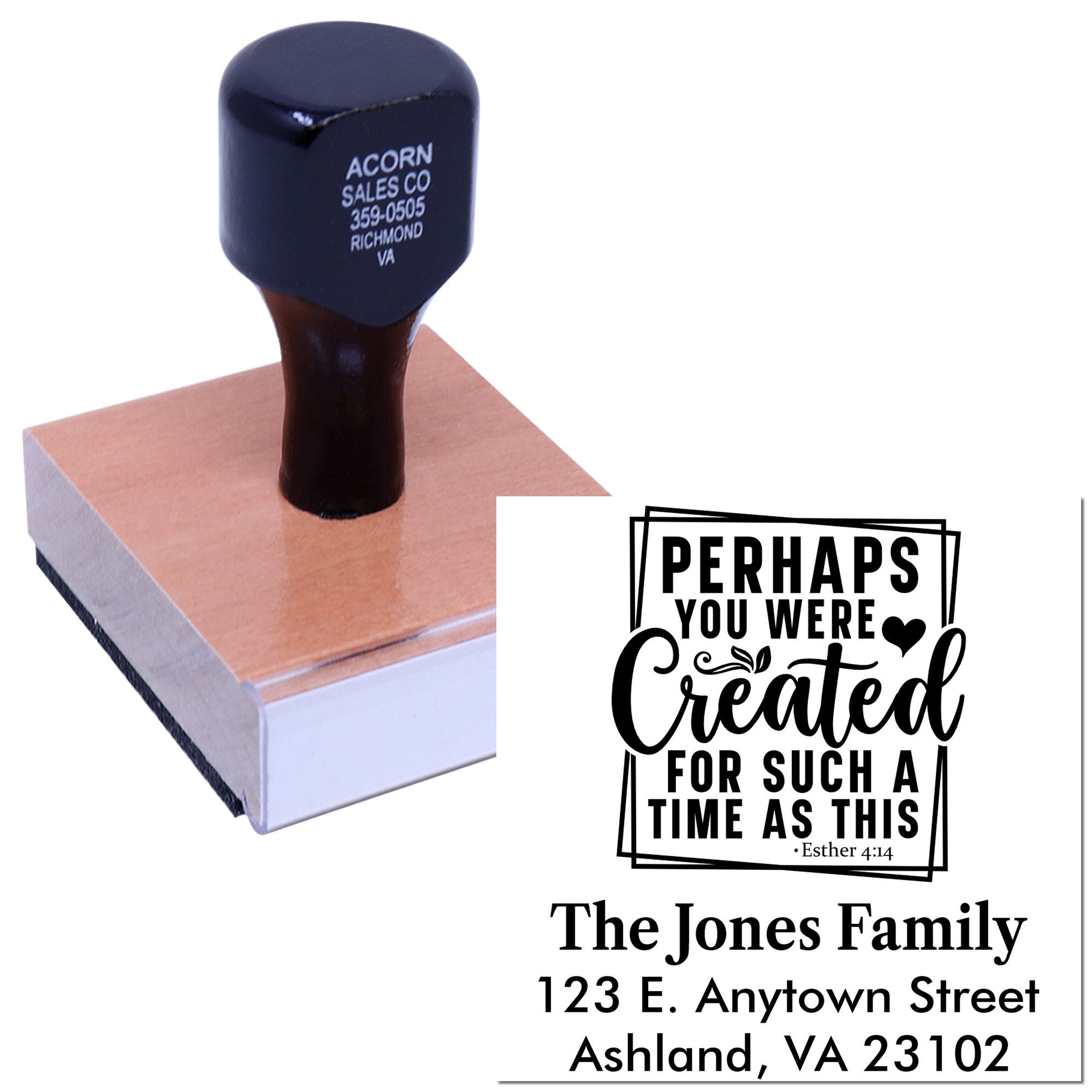 Custom rubber address stamp with Bible verse design for personalized family mailings and Christian gifts.