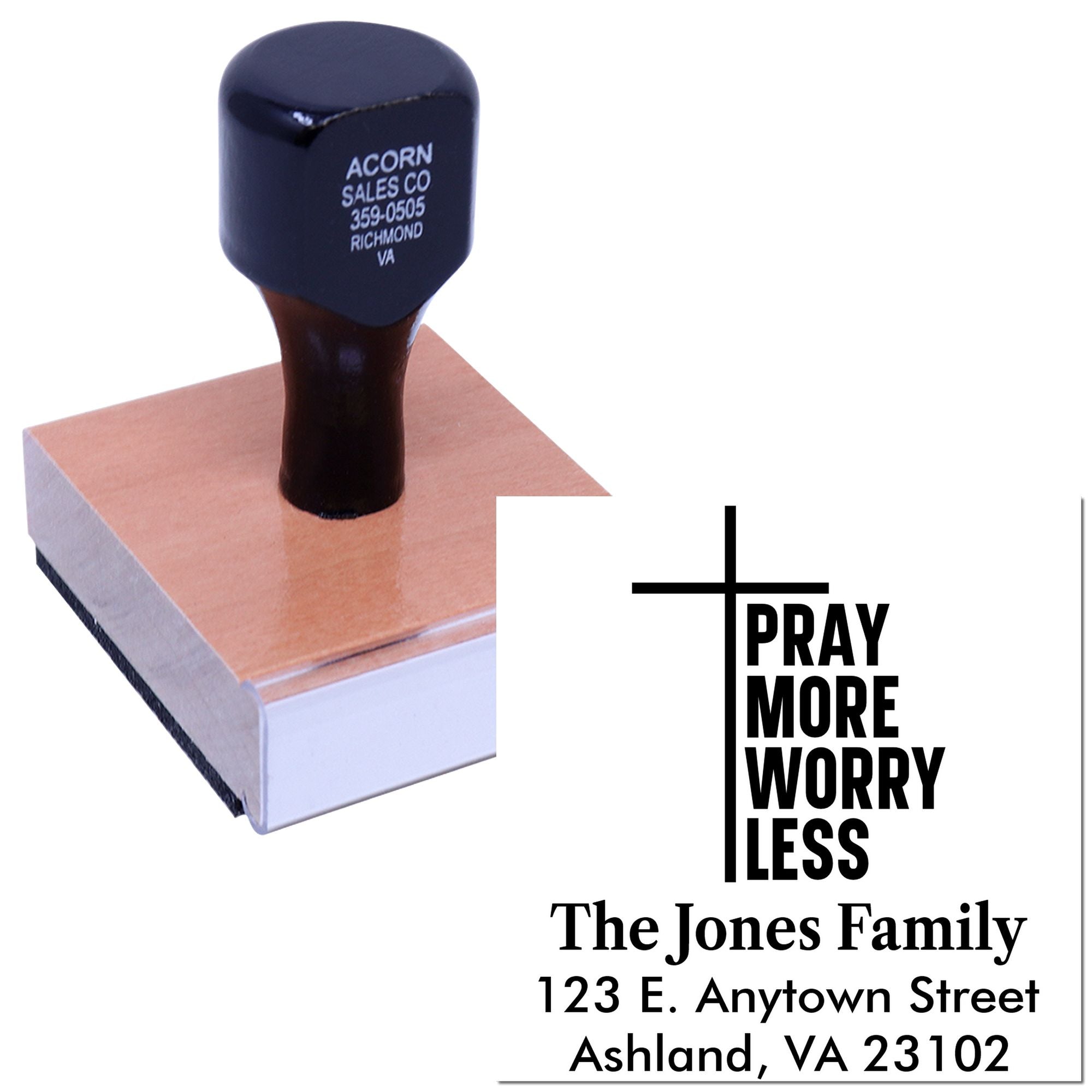 Personalized rubber stamp with cross, Pray More Worry Less, and family address for church mailings.
