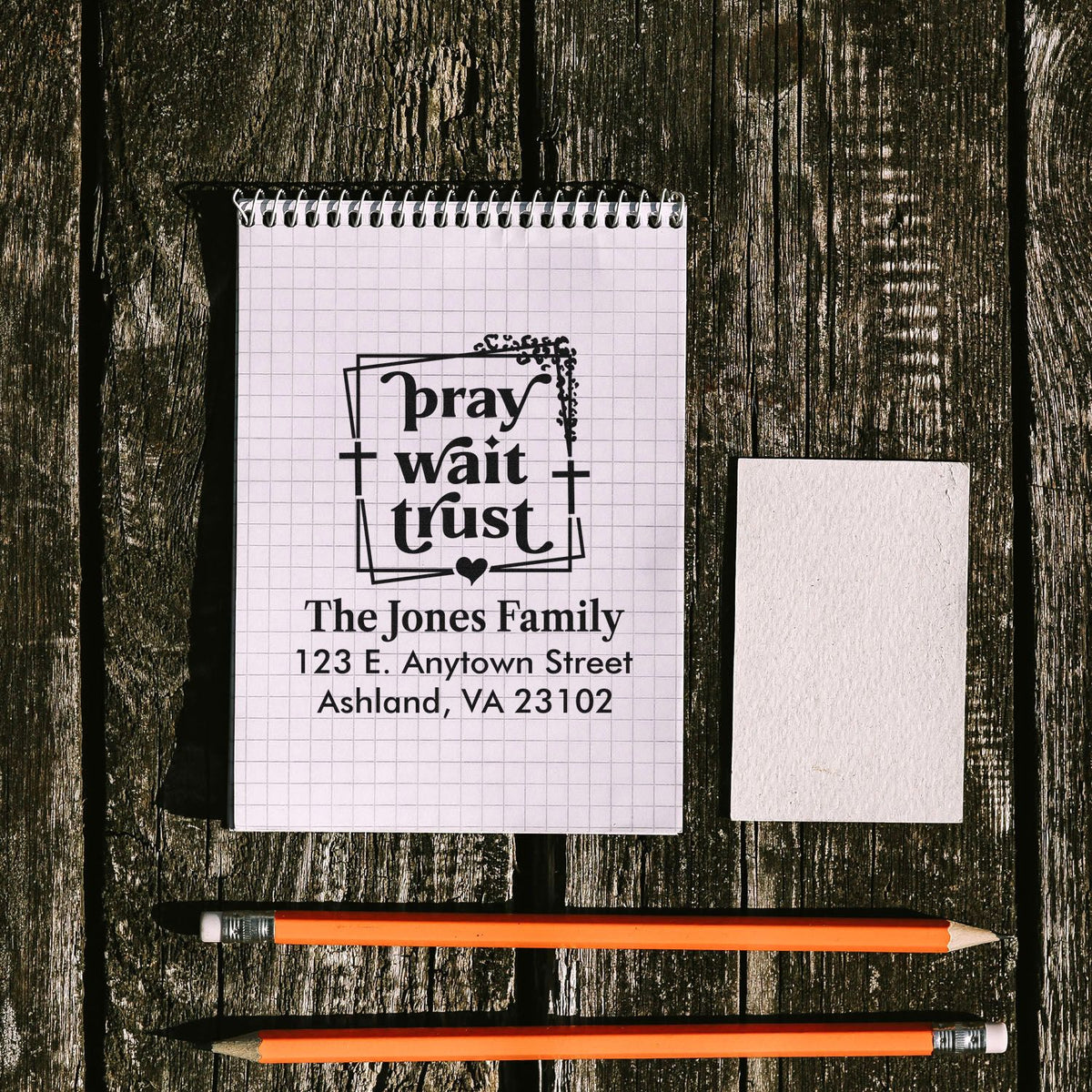 Personalized family return address rubber stamp design with pray wait trust for custom mailing and Christian home addresses.