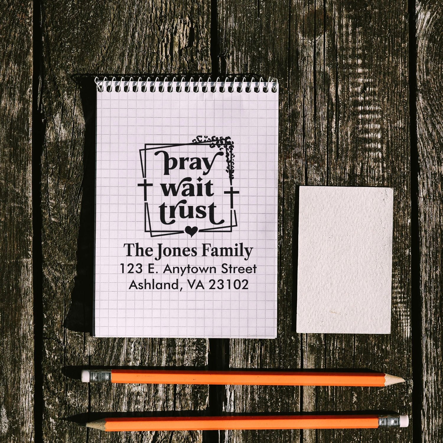 Custom family address rubber stamp with Pray, Wait, Trust design for Christian stationery and mailing labels.