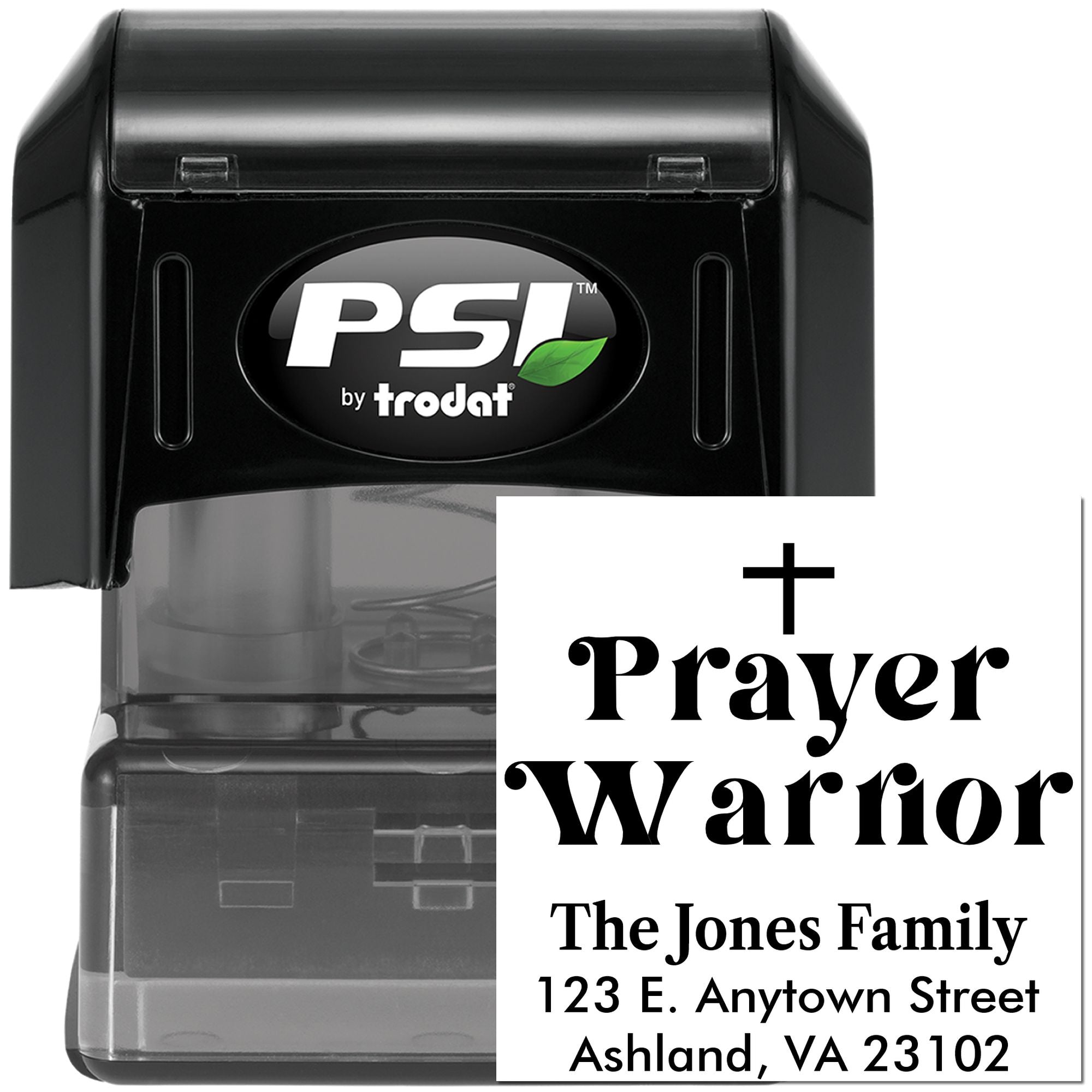 Custom self-inking rubber stamp with Prayer Warrior design, family name, and address for personalized faith-based mail.