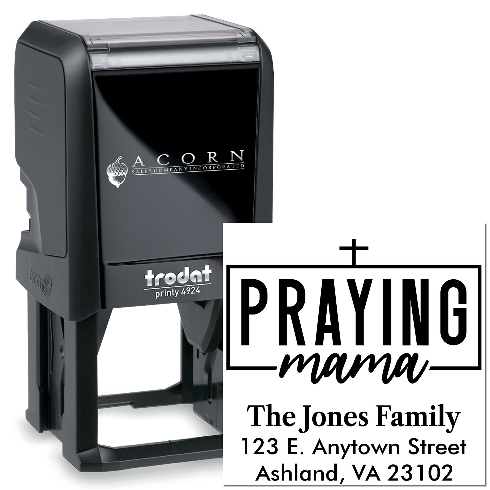 Self-inking custom address rubber stamp with Praying Mama design for personalized mail, gifts, and crafts.