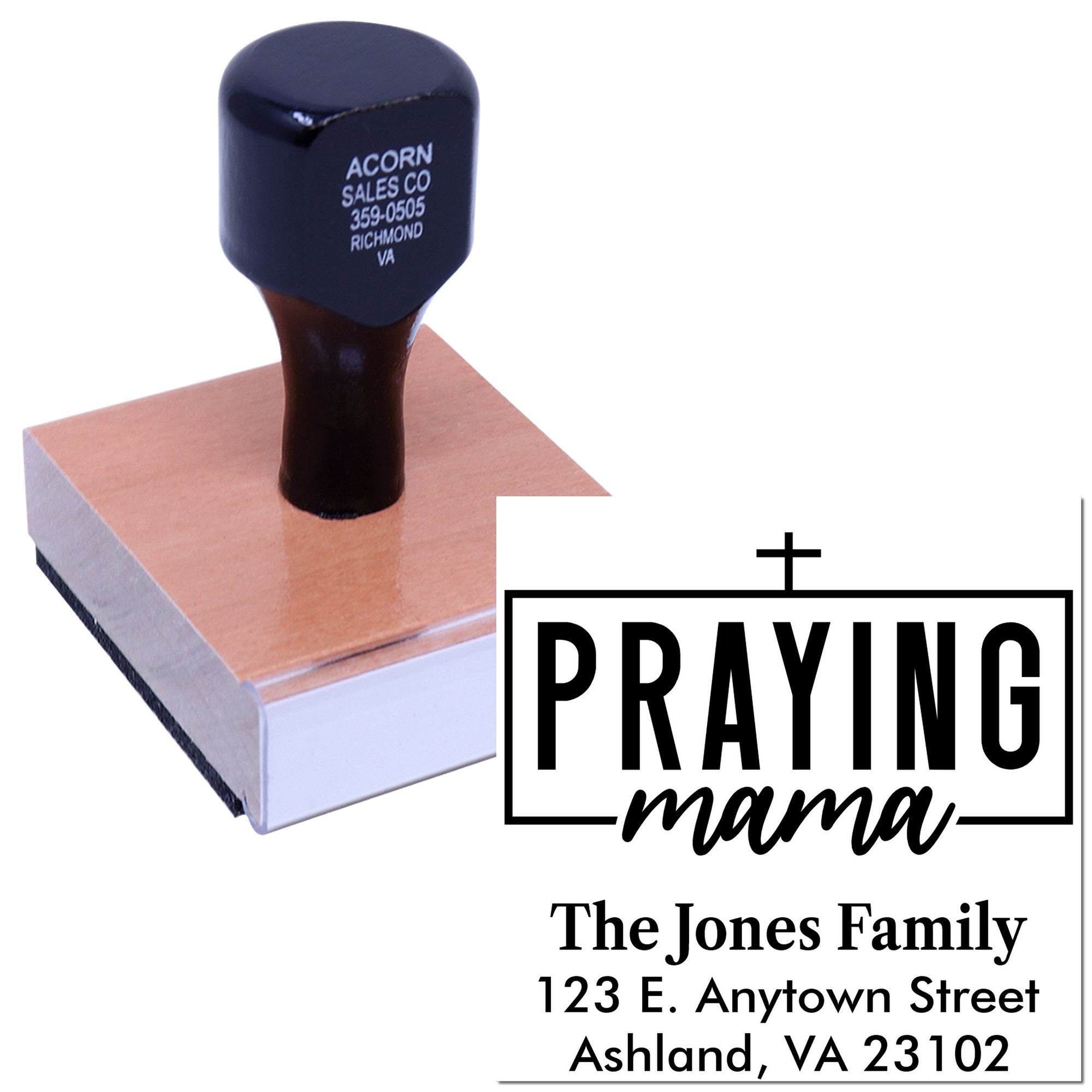 Custom rubber stamp with Praying Mama design and family address for personalized cards, stationery, and gifts.