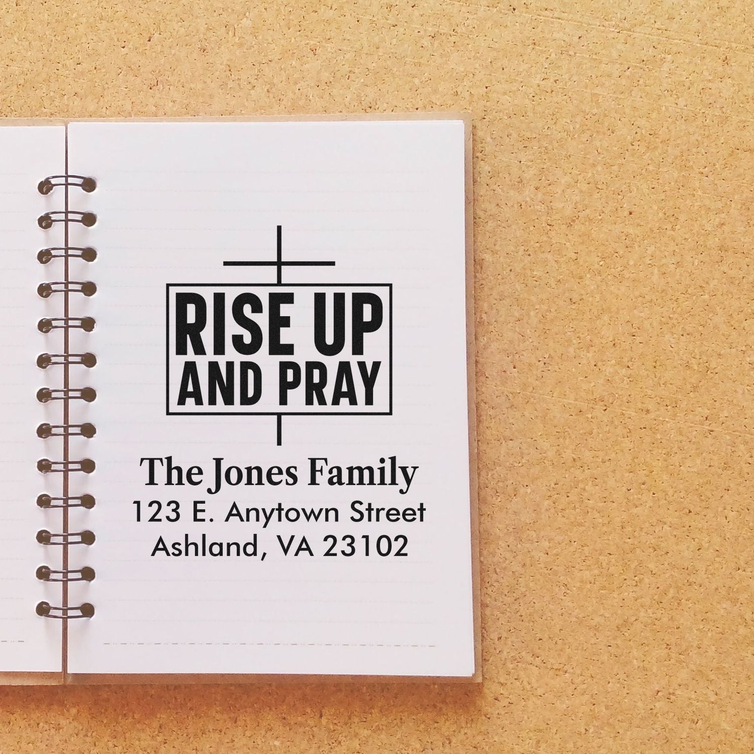 Custom Christian address rubber stamp with Rise Up and Pray design for family stationery, envelopes, and faith-based mail.