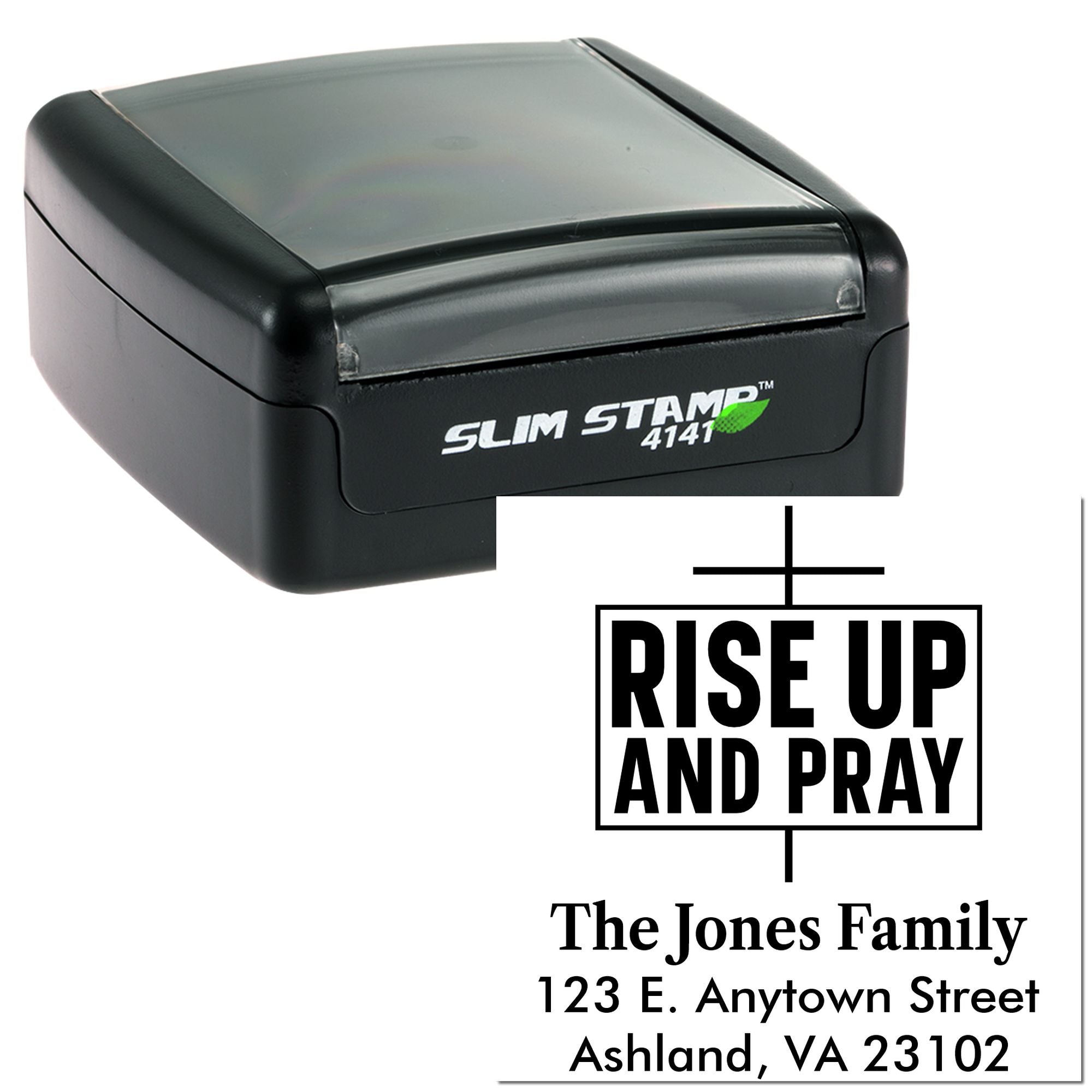 Custom self-inking rubber stamp with Rise Up and Pray design and family address for personalized Christian mailings.