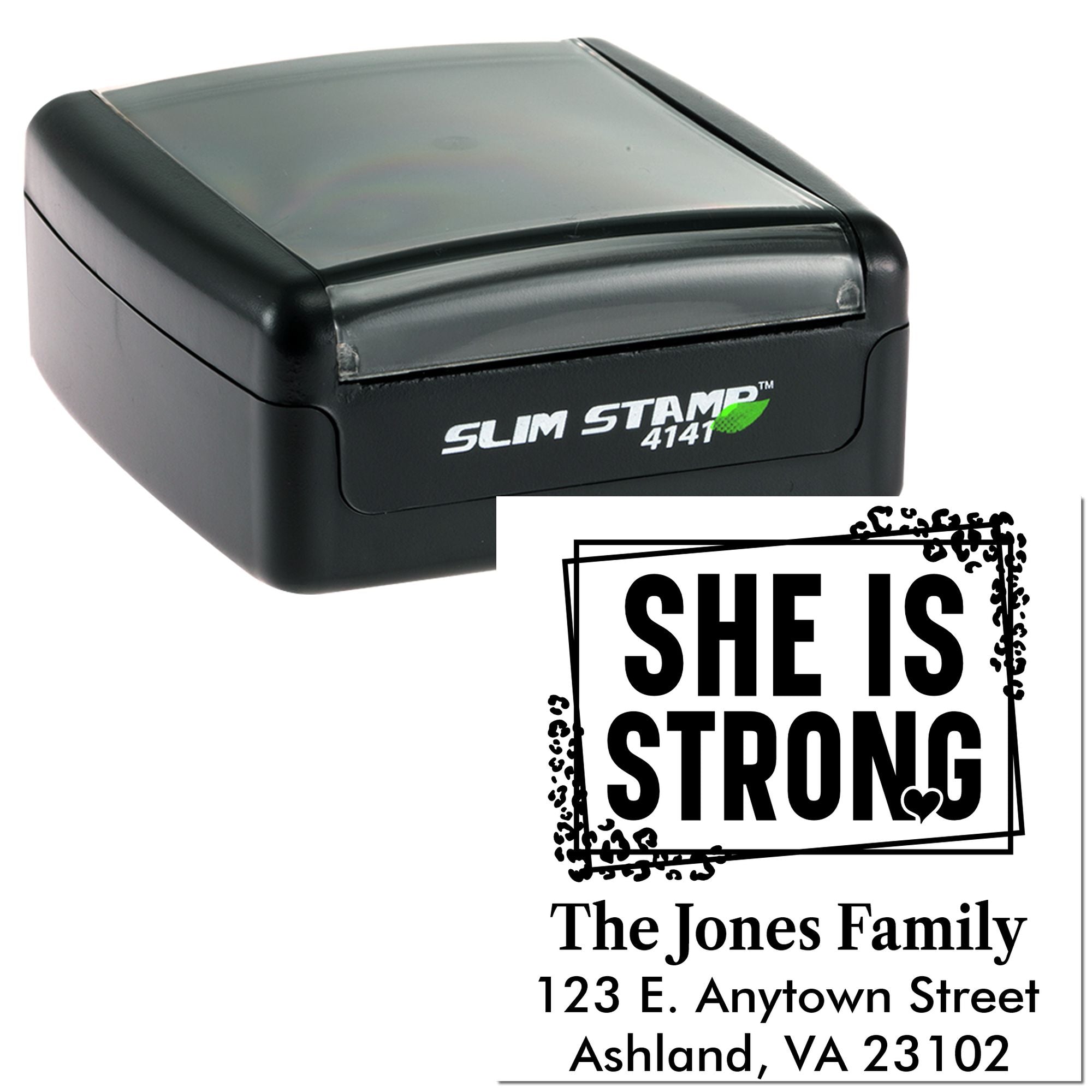 Custom self-inking rubber stamp with She Is Strong design and personalized family address.