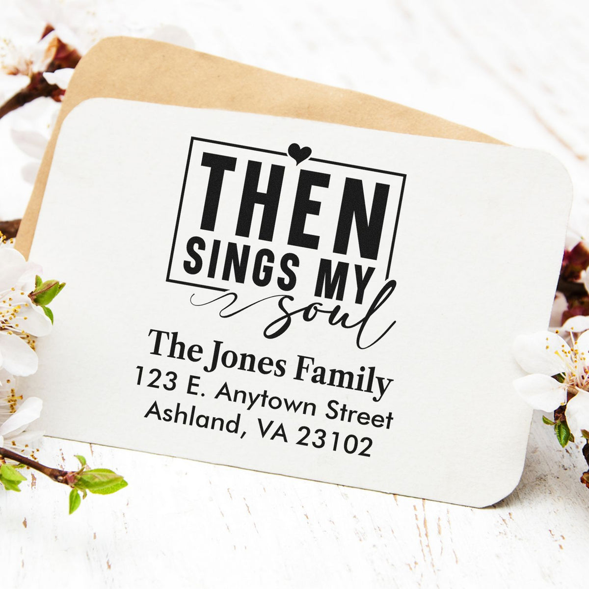 Personalized return address rubber stamp with Then Sings My Soul design for The Jones Family.