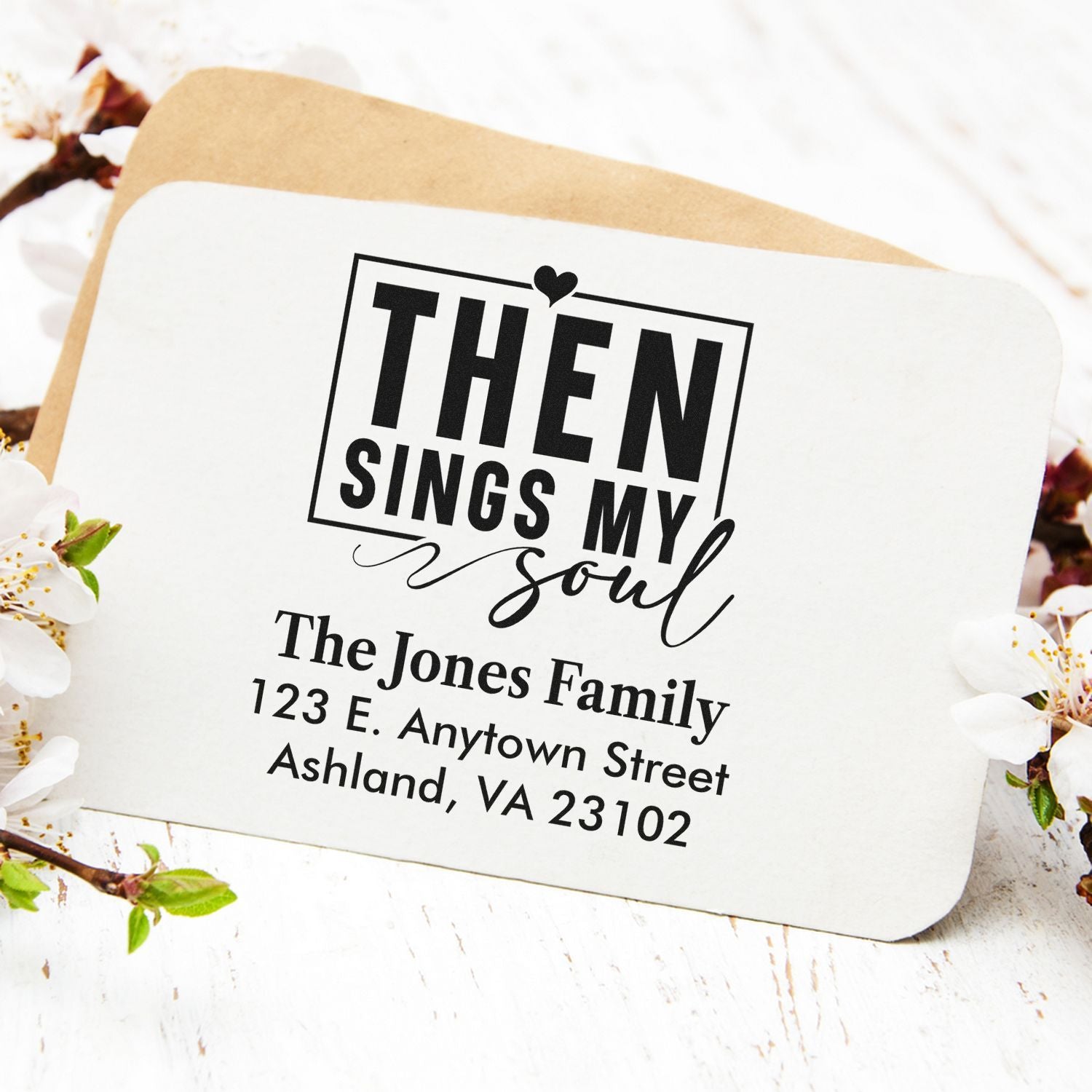 Personalized return address rubber stamp with Then Sings My Soul design for The Jones Family envelopes.