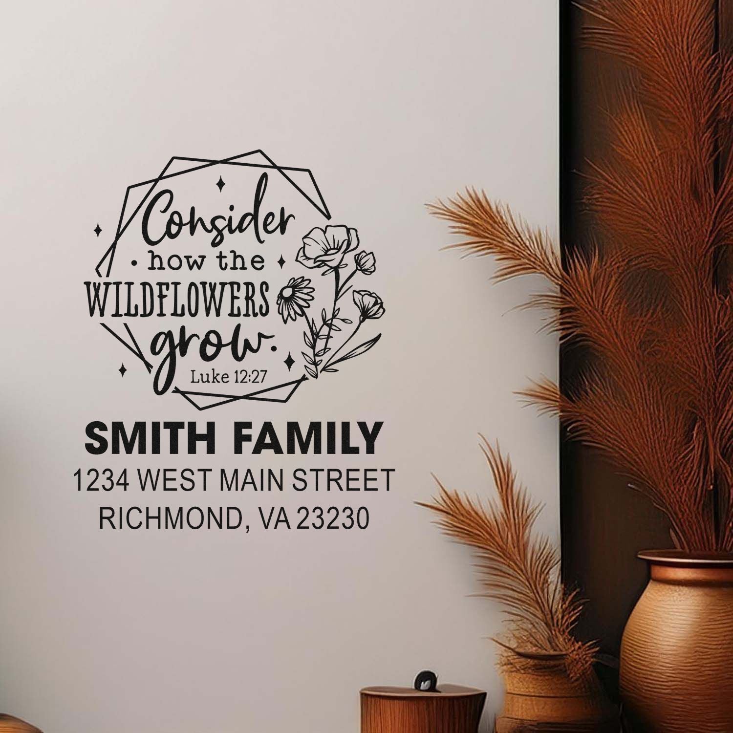 Custom address rubber stamp with wildflower Bible quote and Smith family name for personalized mail, stationery, and packaging.