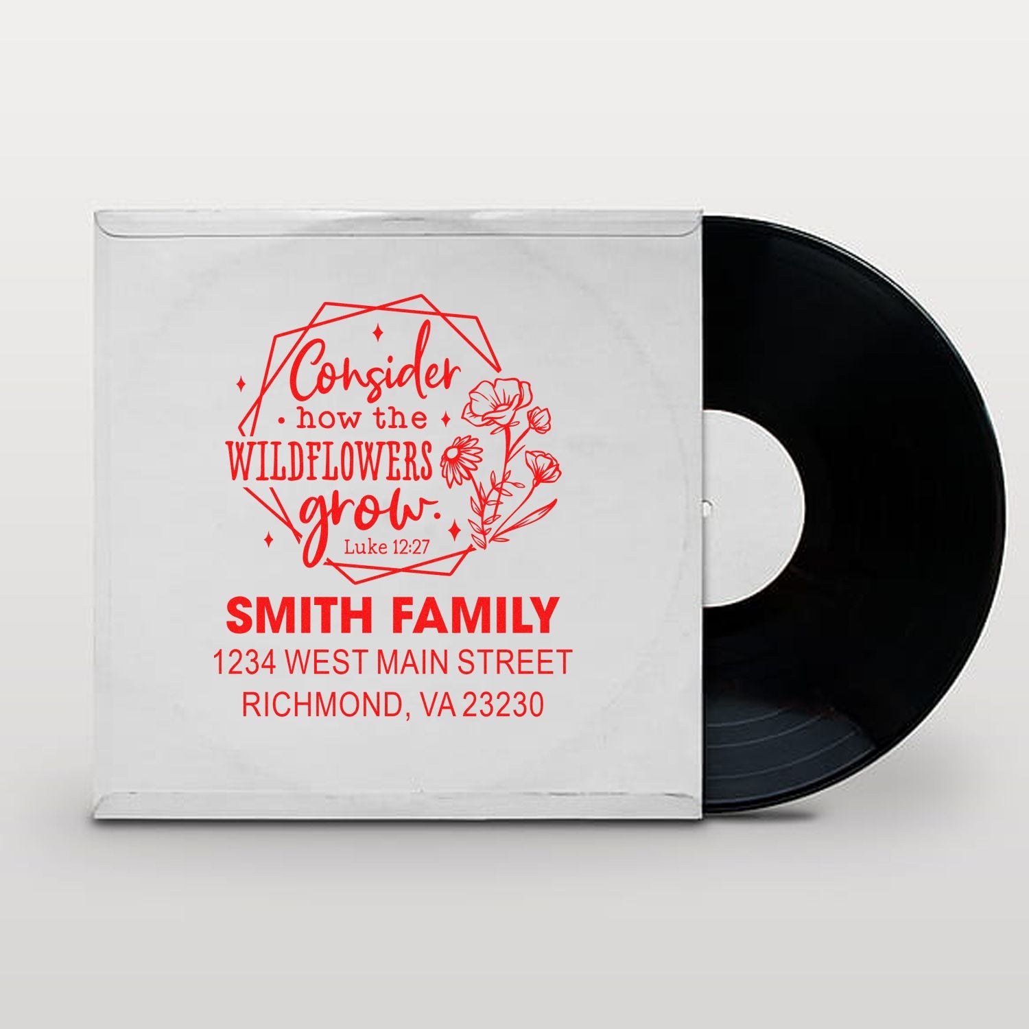 Custom address rubber stamp design with wildflowers, Bible verse, Smith family name, and Richmond, VA return address.