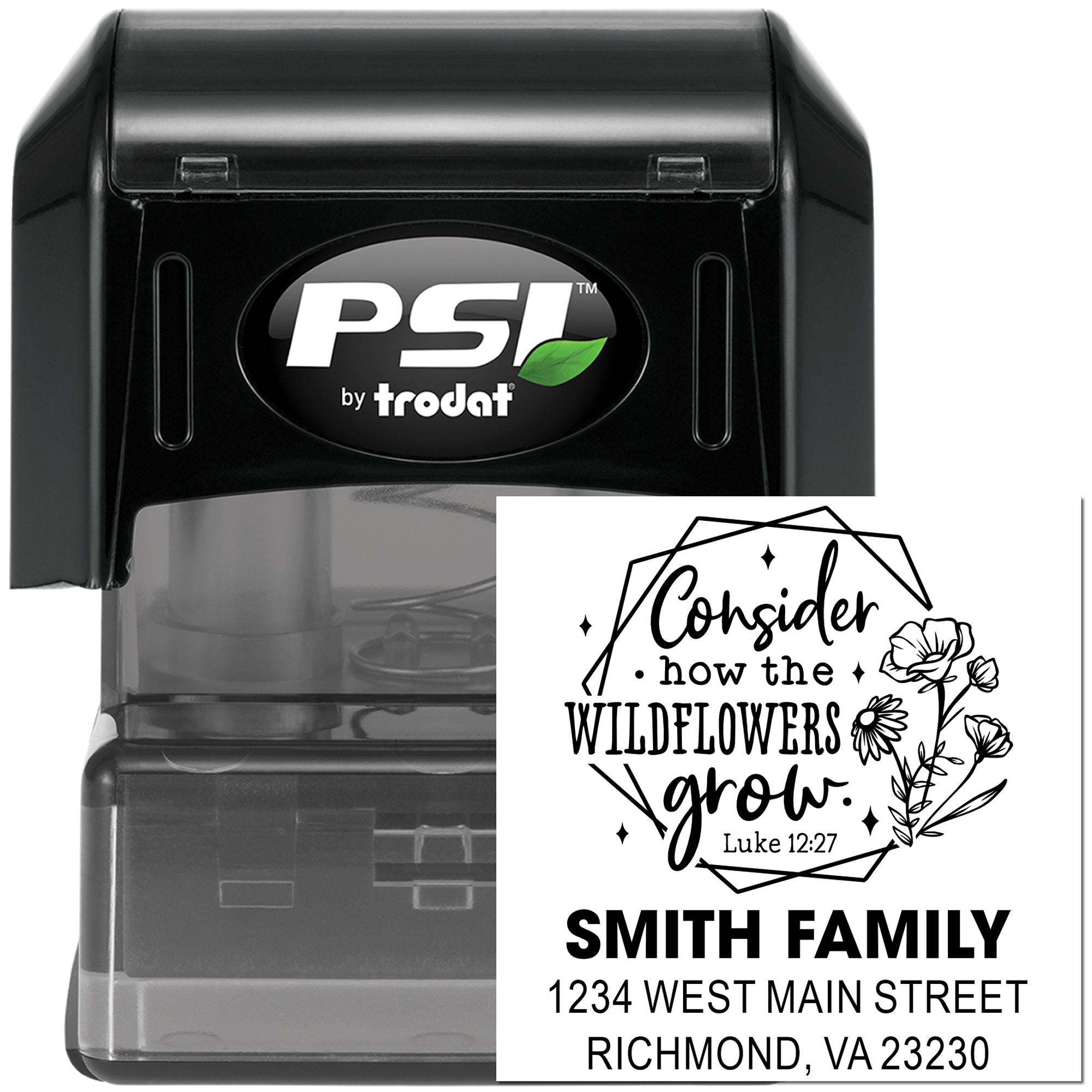 PSI by Trodat personalized self-inking rubber stamp with custom Bible verse wildflower design and Smith family address.