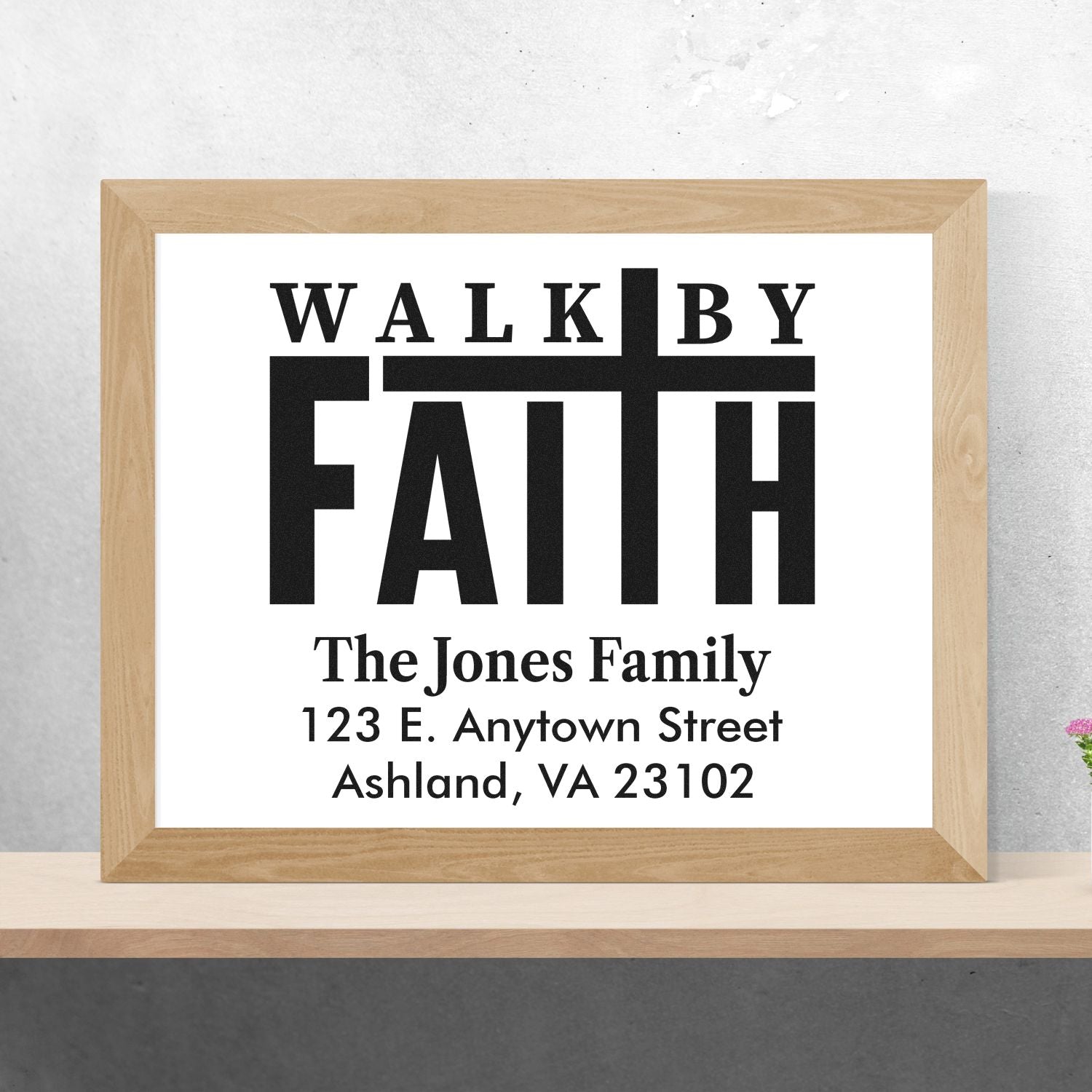 Custom Walk By Faith family address rubber stamp design with The Jones Family and Ashland, VA address.