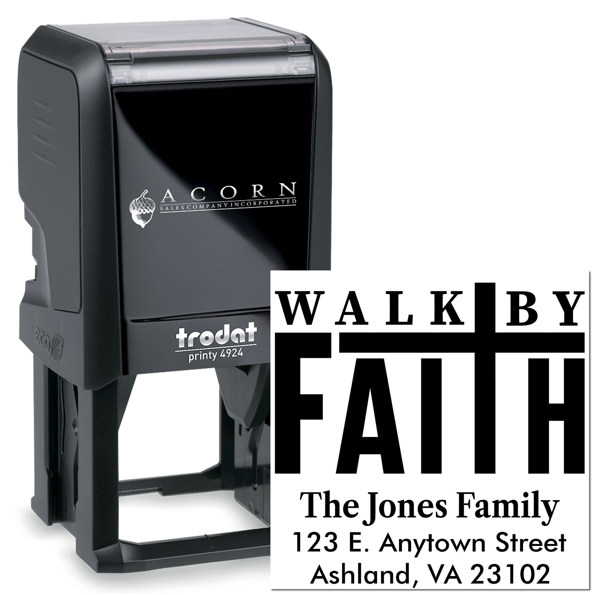 Custom self-inking rubber address stamp with Walk by Faith design for The Jones Family.