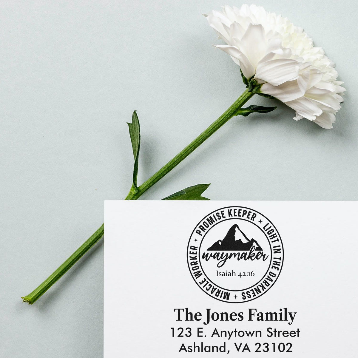 Custom Christian family address rubber stamp with Waymaker Isaiah 42:16 design for envelopes and stationery.